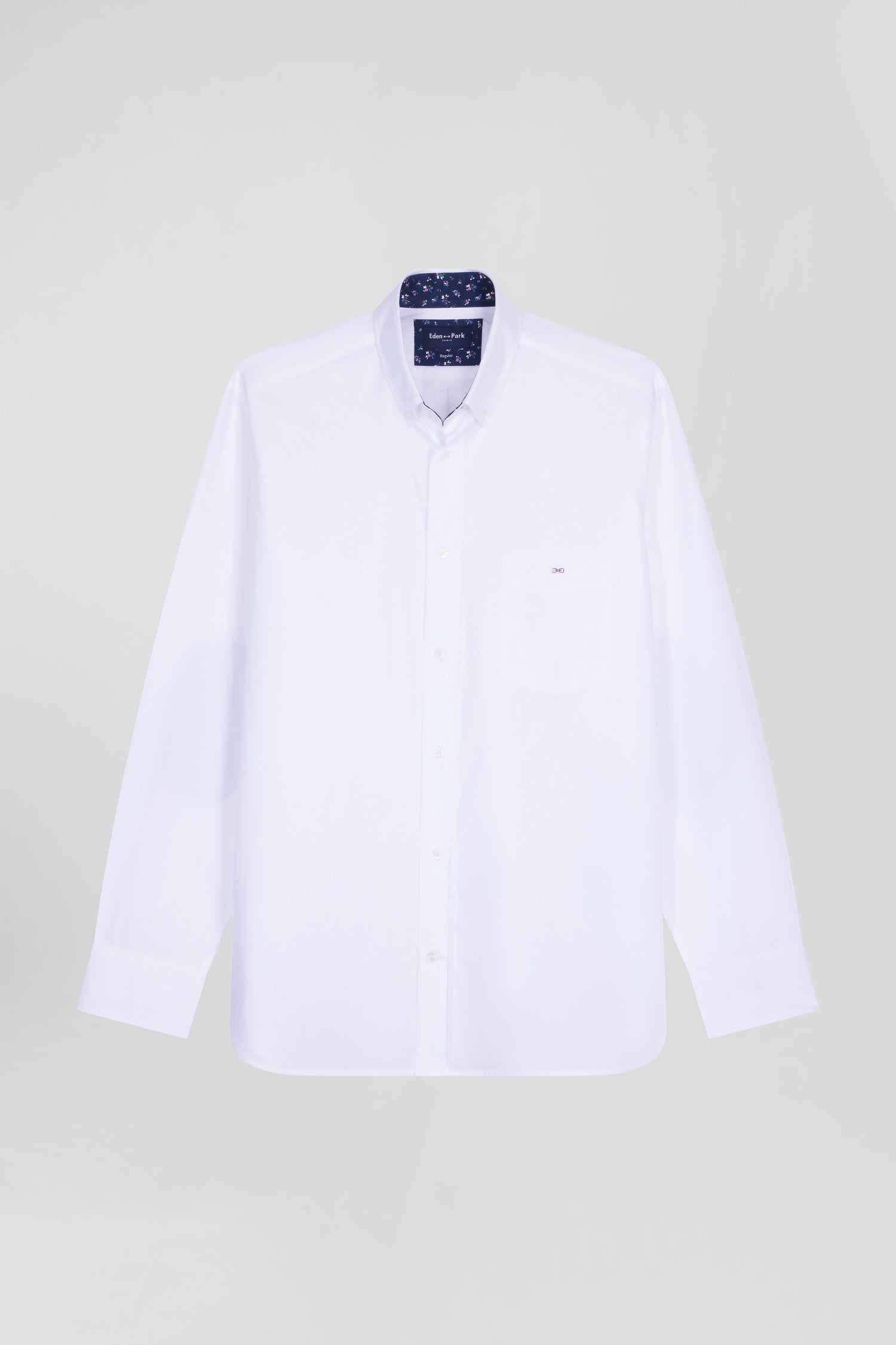 Chemise en popeline de coton blanche col boutonne et coudieres imprimees coupe Regular