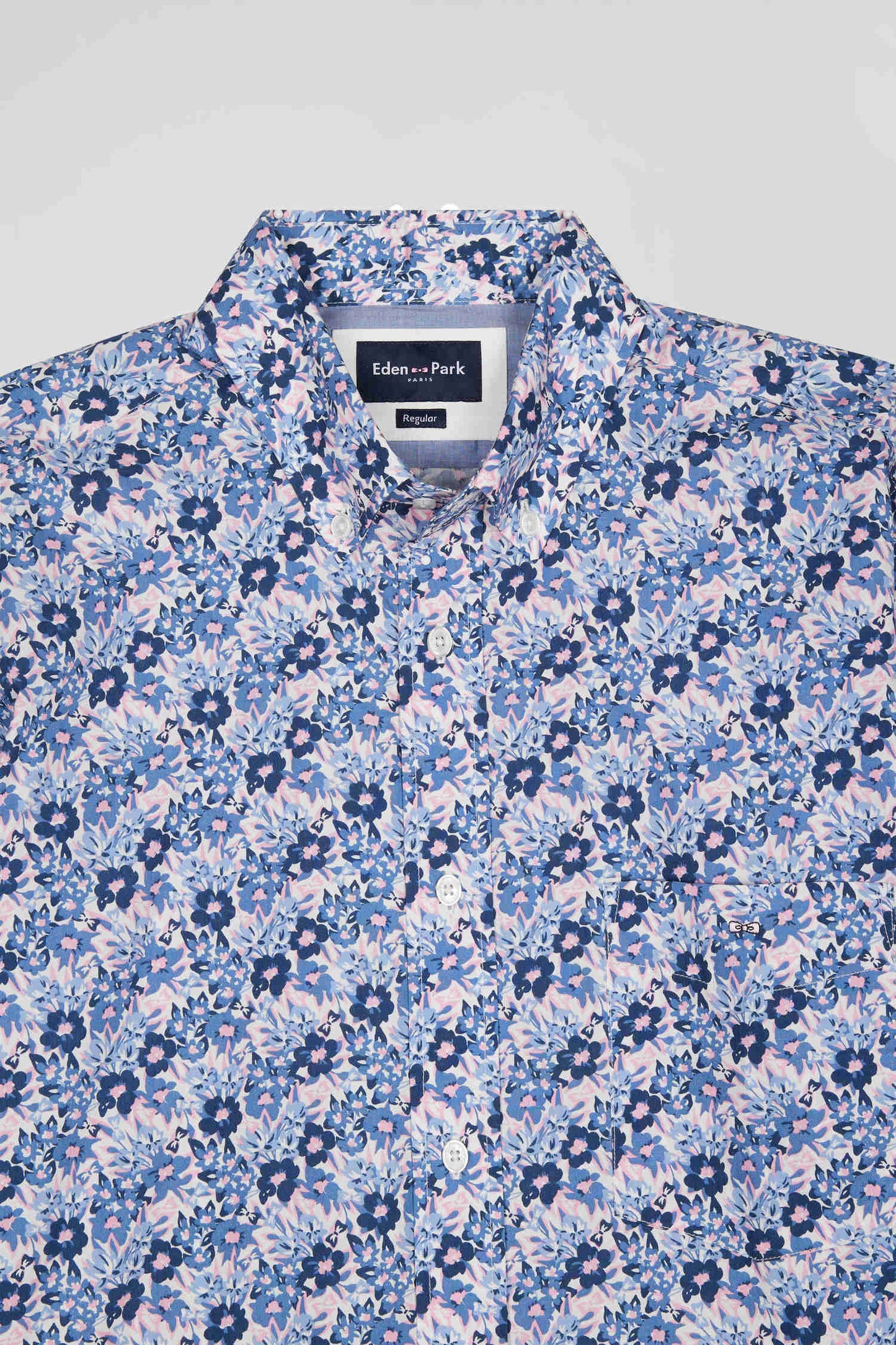 Chemise en popeline de coton bleue imprimé floral coupe Regular