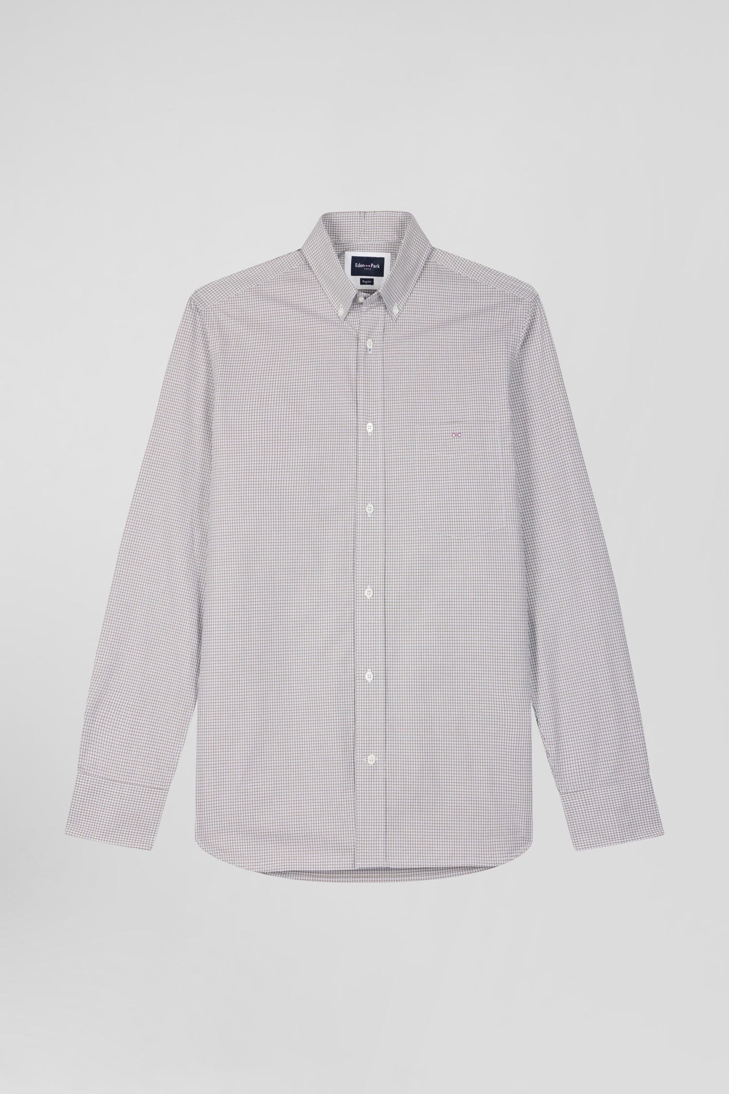 Regular greige cotton shirt with micro checks