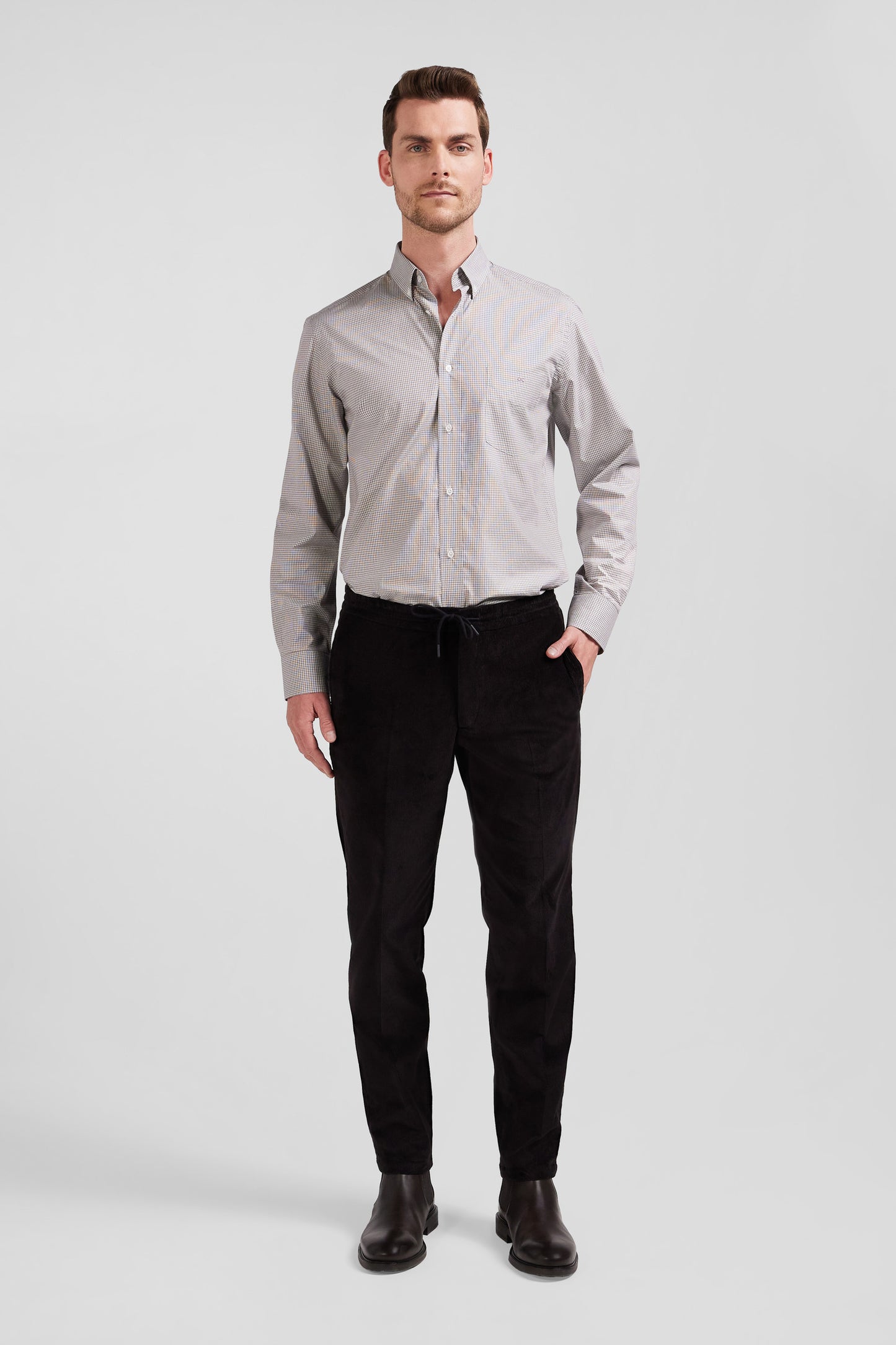 Regular greige cotton shirt with micro checks