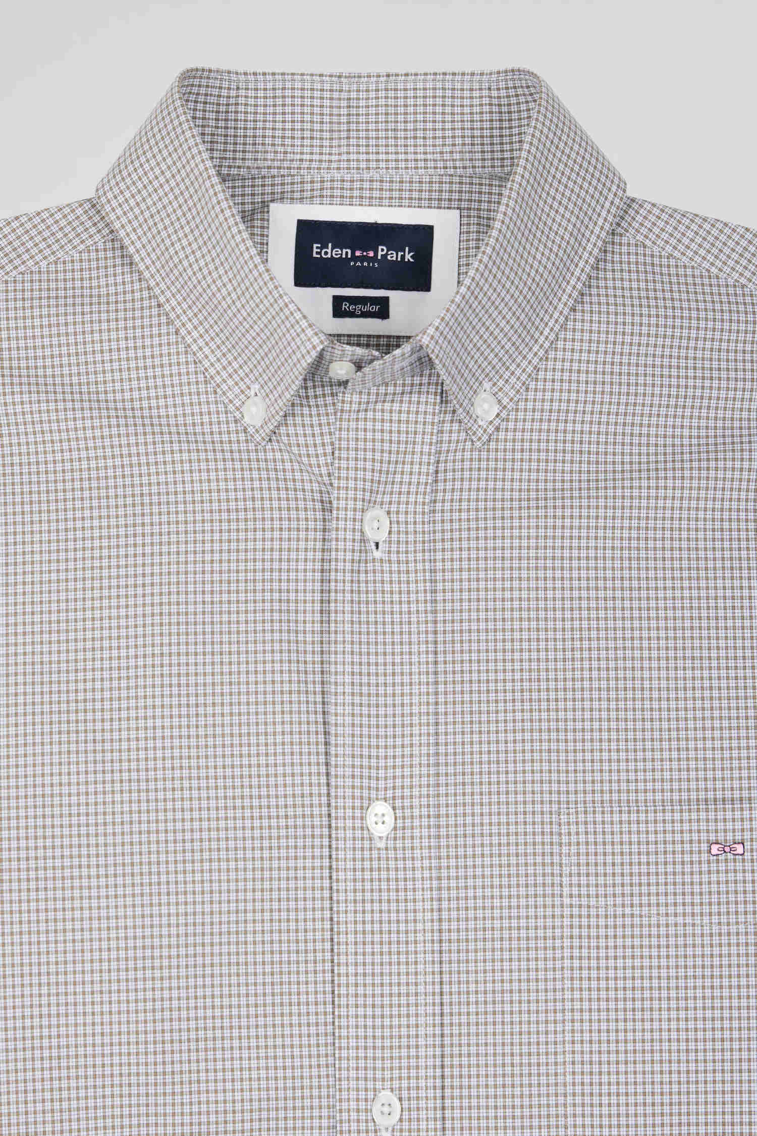 Regular greige cotton shirt with micro checks