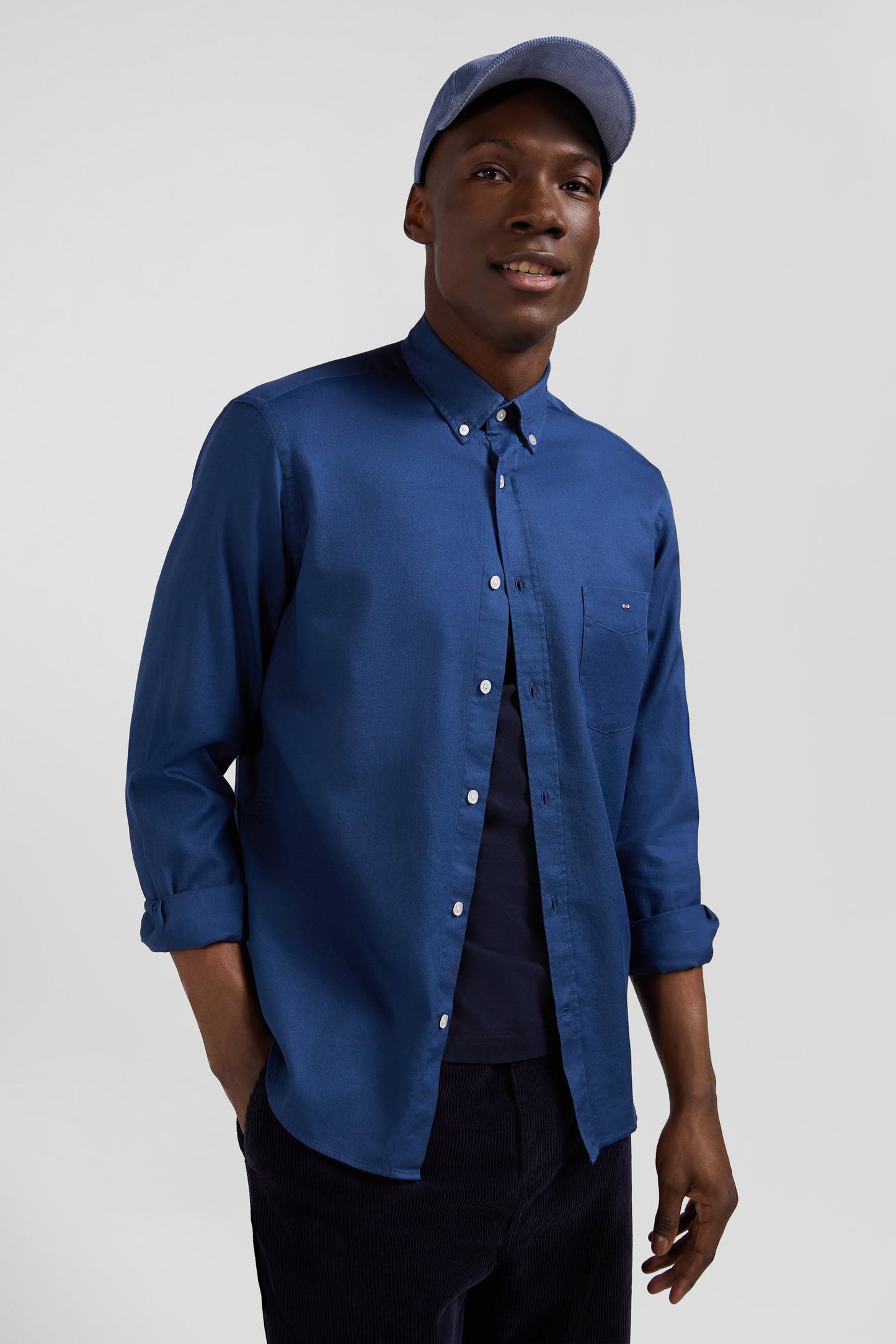 Chemise en piqué coton unie bleue coupe Regular