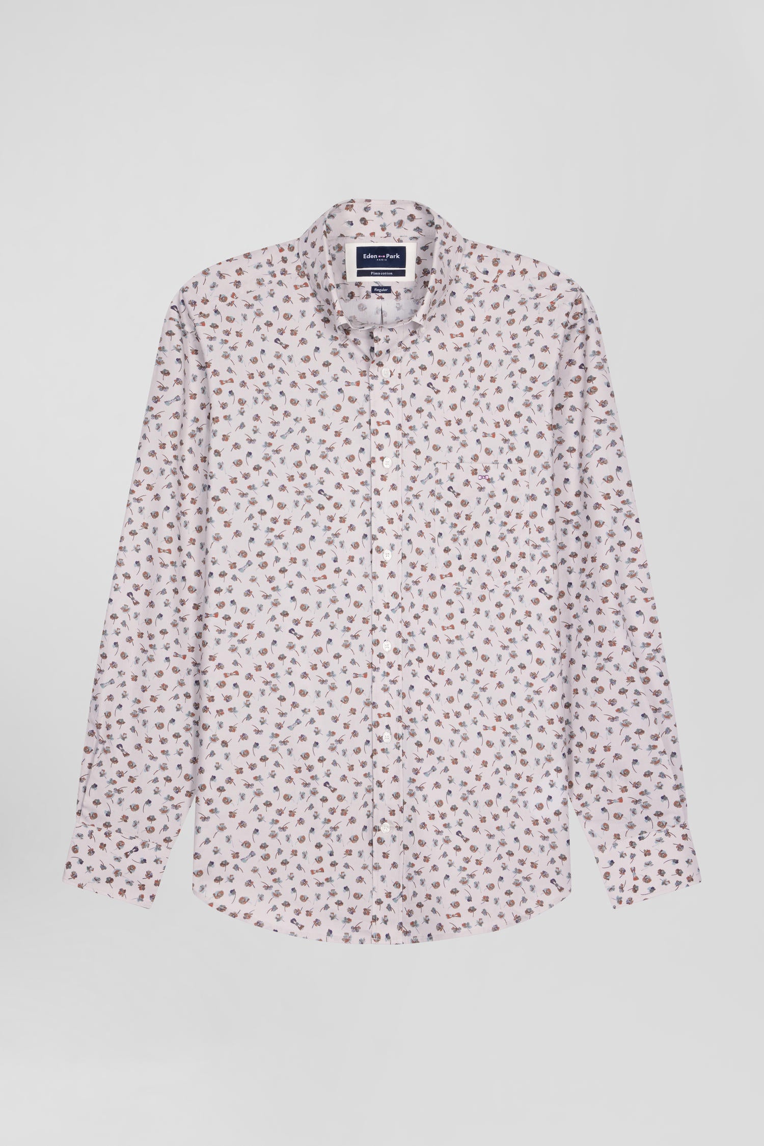 Regular beige cotton poplin shirt with microprint