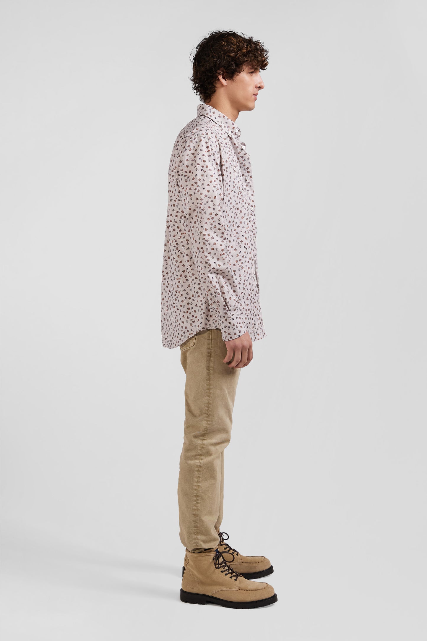 Regular beige cotton poplin shirt with microprint