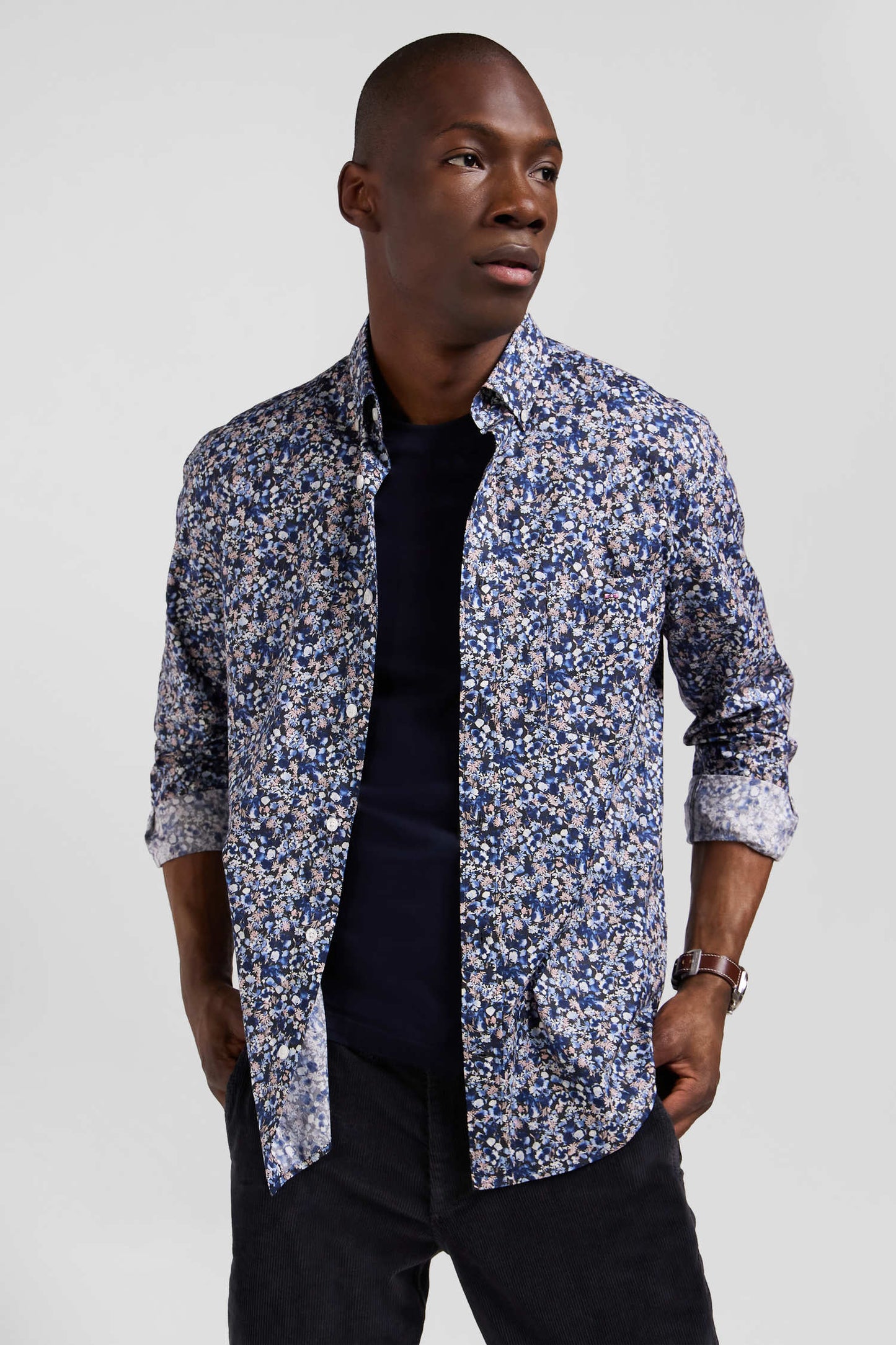 Chemise en popeline de coton Pima bleu marine microimprimé floral coupe Regular