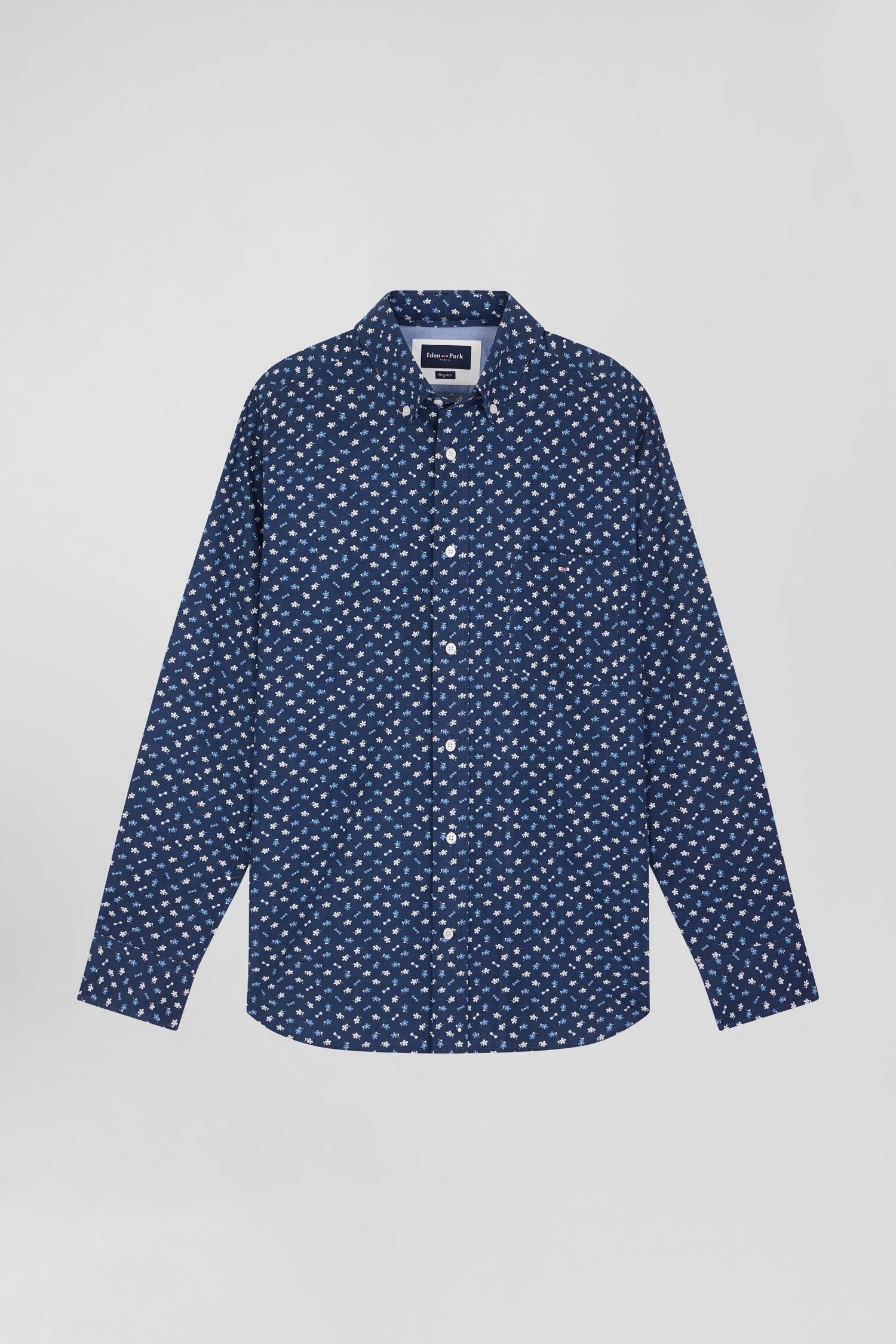 Regular navy cotton poplin shirt with micro floral print