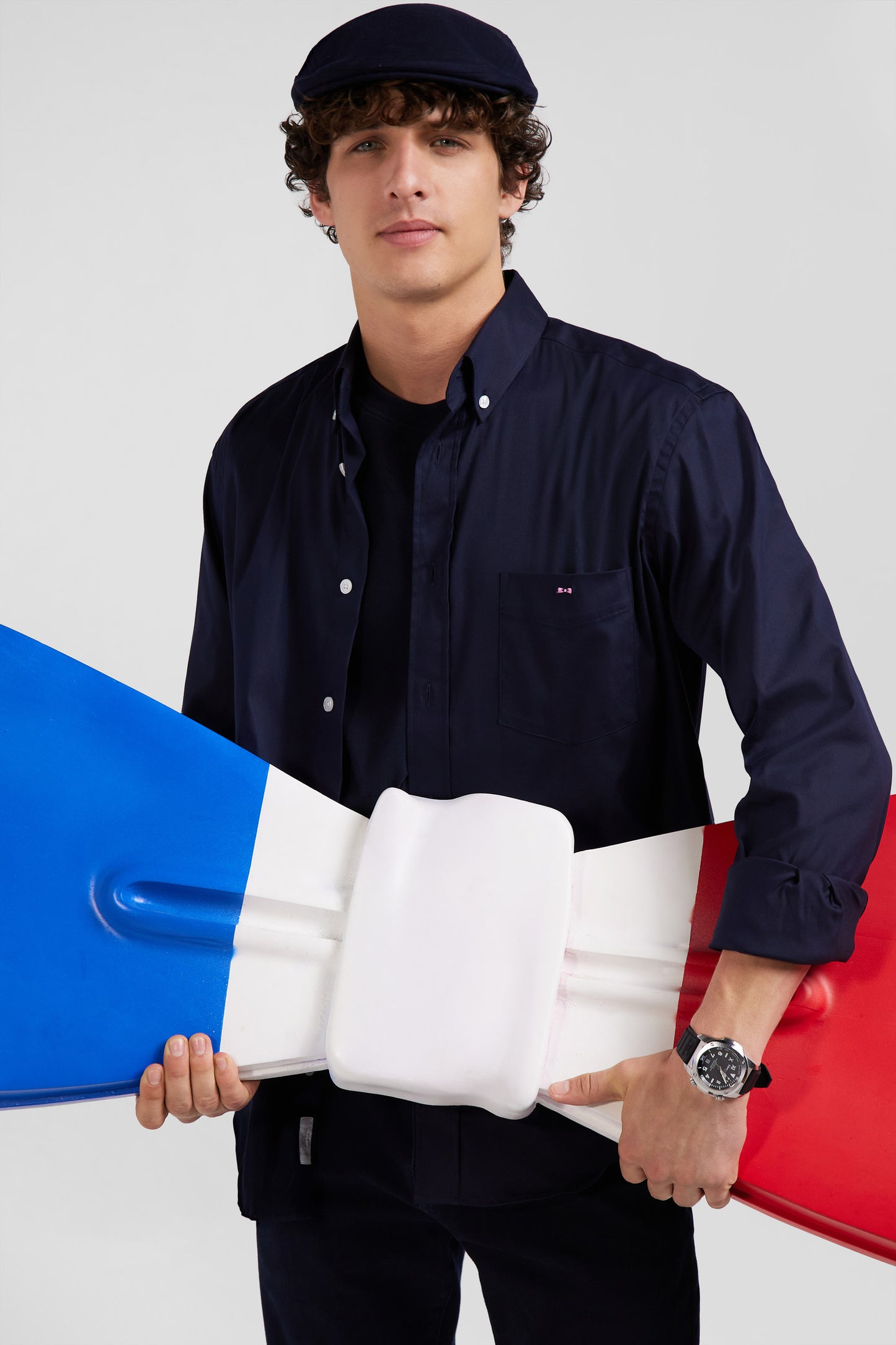 Chemise unie bleu marine en coton stretch mélangé coupe Regular