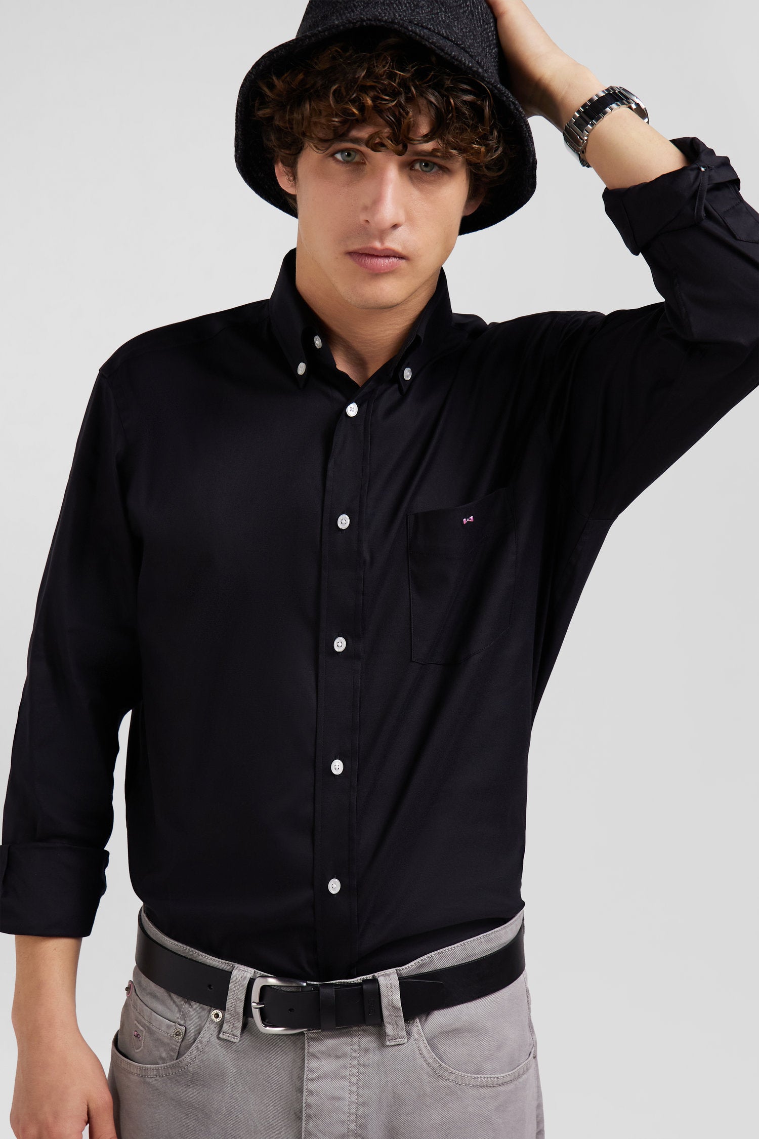 Chemise unie noire en coton stretch mélangé coupe Regular