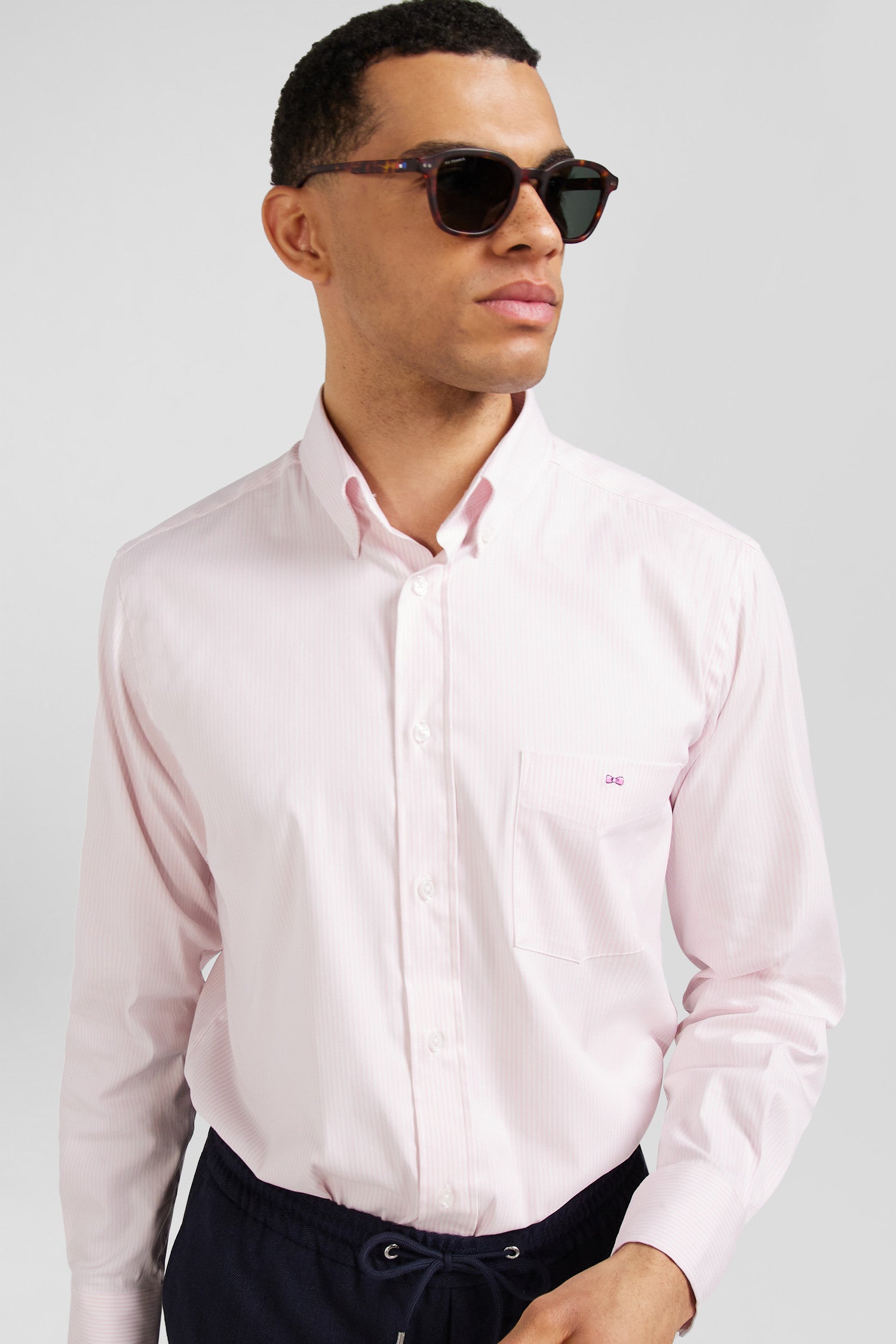 Chemise en popeline de coton rose à rayures bâton coupe Regular