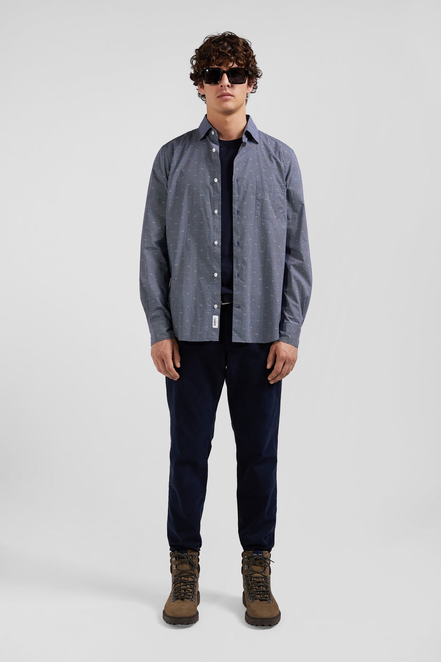 Chemise à micro-motifs en coton bleu marine coupe Slim