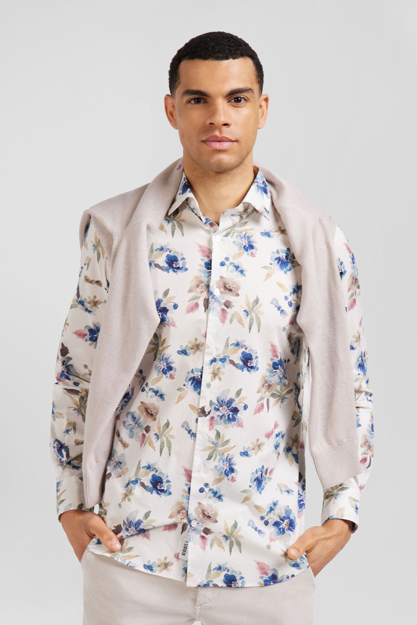 Chemise en coton à imprimé floral beige coupe Slim