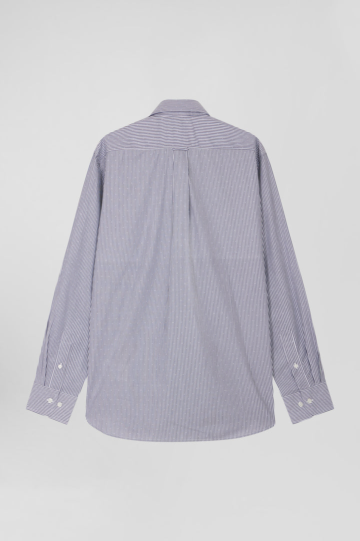 Chemise en coton jacquard bleu marine à rayures bâtons coupe Regular