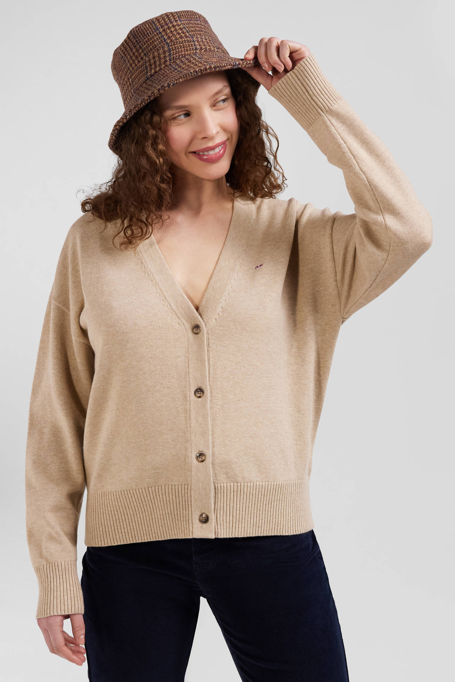 Cardigan en laine et coton beige coupe Relaxed