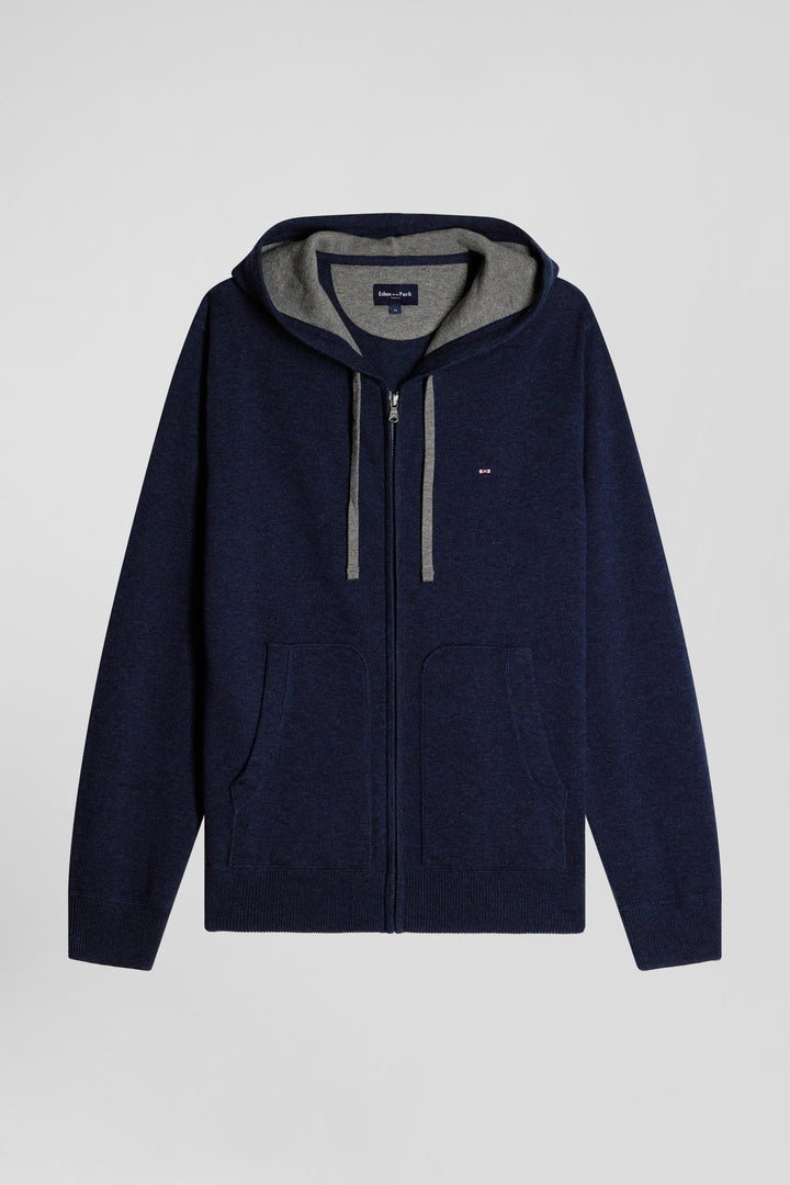 Sweatshirt zippé en maille laine et coton bleu marine coupe Regular