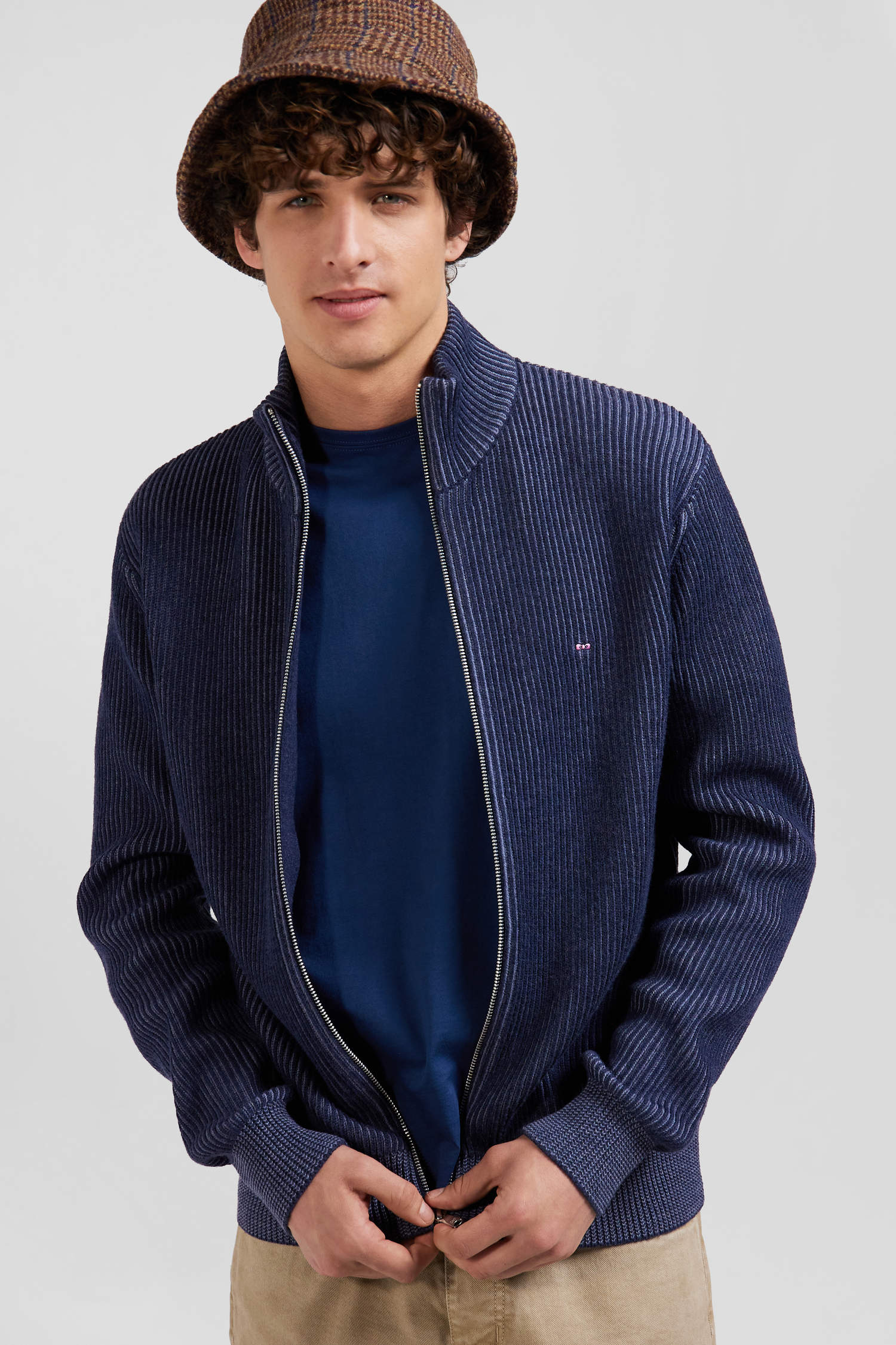 Cardigan zippé en laine et coton bleu marine coupe Regular