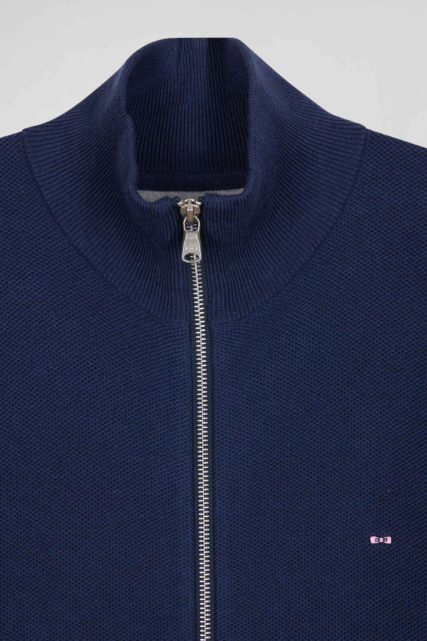 Cardigan zippé à col montant uni bleu marine en coton