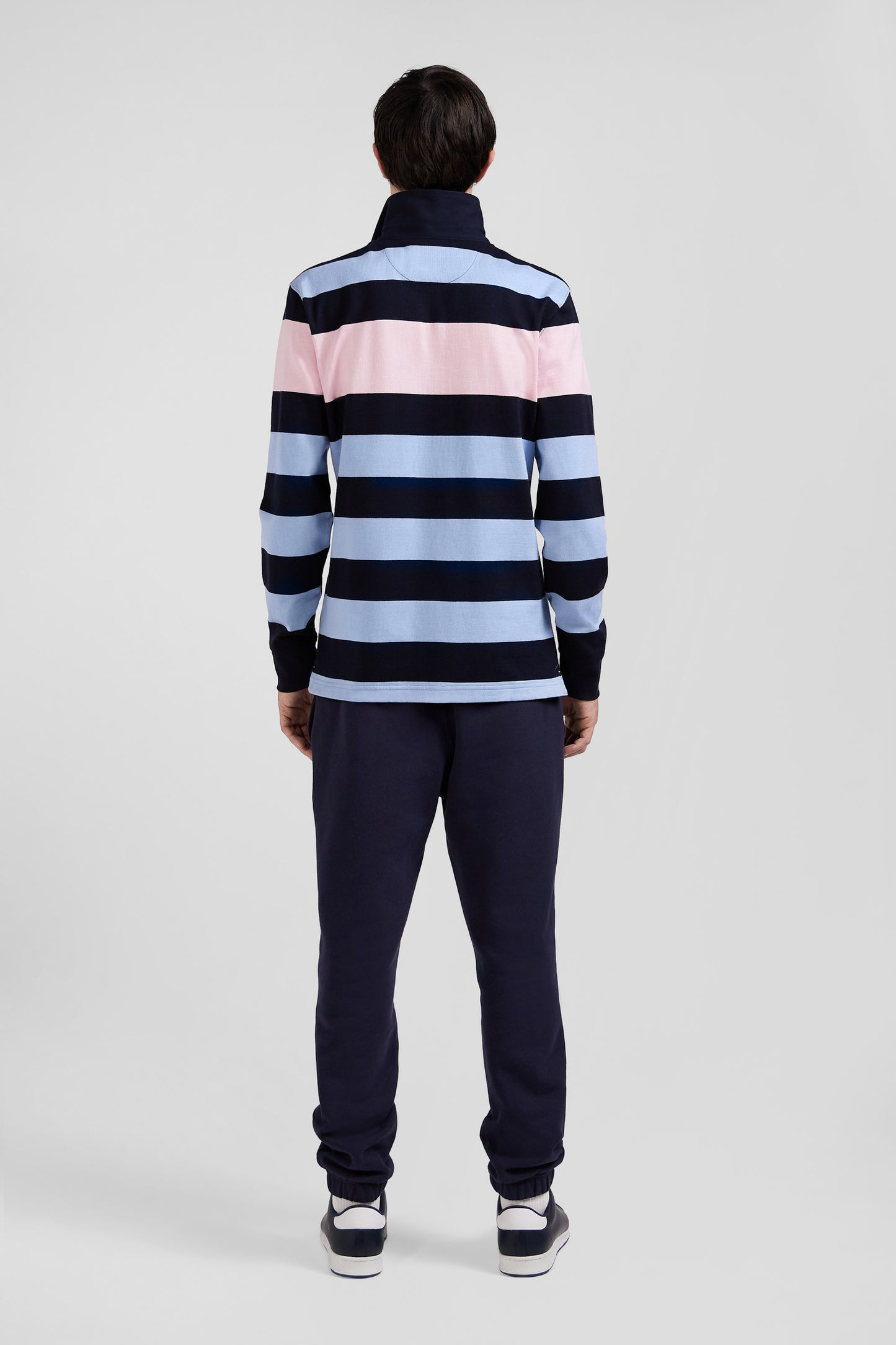 Regular sky blue long-sleeved striped cotton rugby shirt