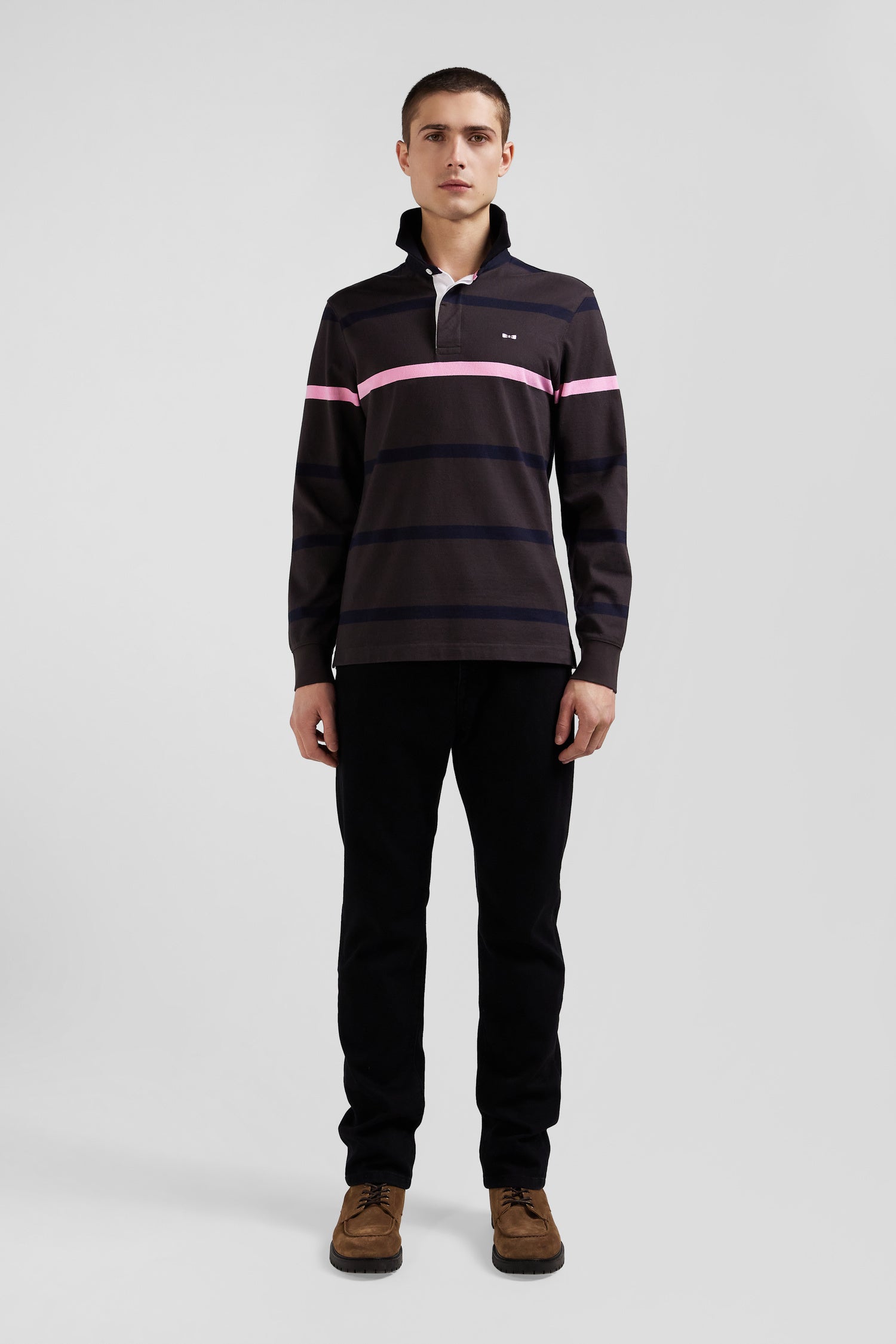 Regular brown striped long-sleeved cotton rugby shirt with back embroidery