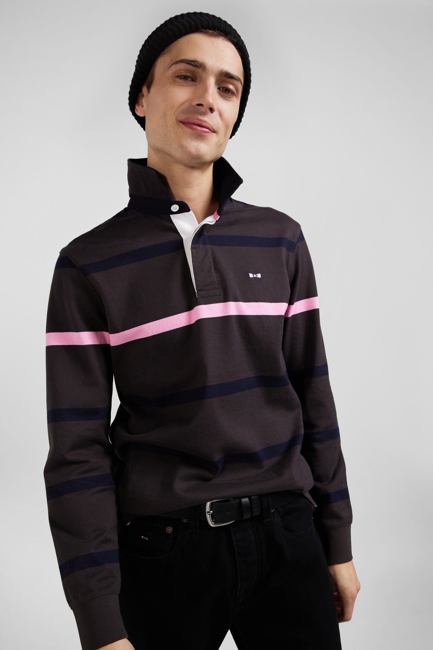 Regular brown striped long-sleeved cotton rugby shirt with back embroidery