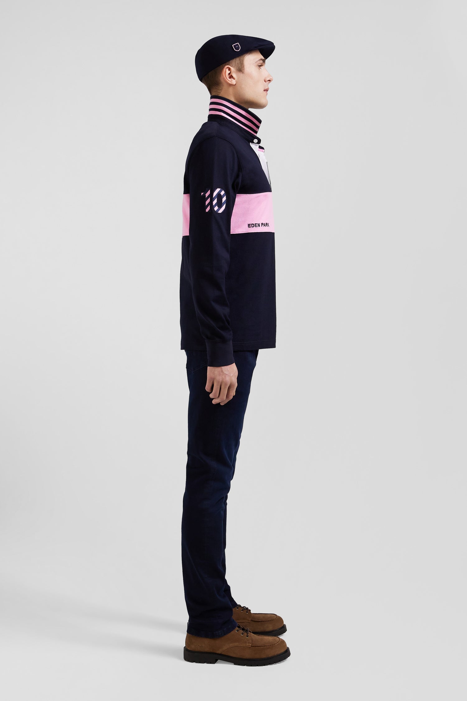 Regular long-sleeved cotton rugby shirt with navy and pink stripes