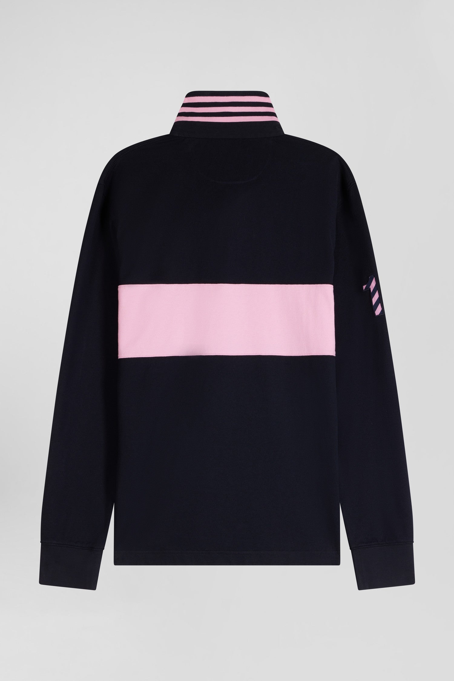 Regular long-sleeved cotton rugby shirt with navy and pink stripes