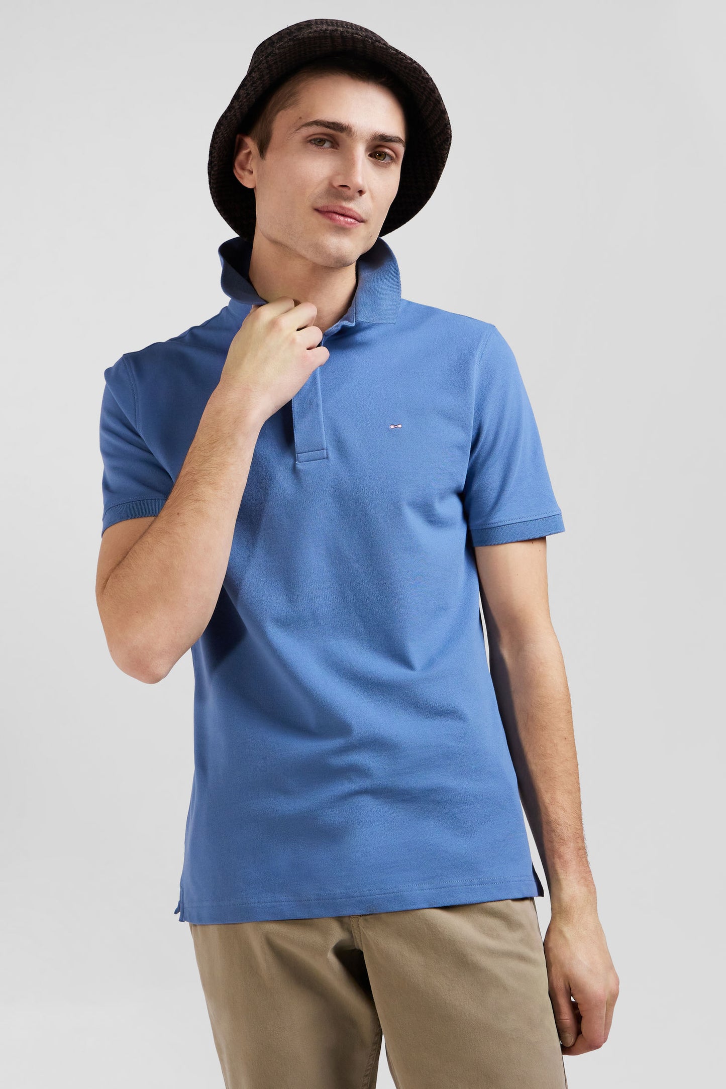 Polo manches courtes en coton stretch bleu coupe Slim