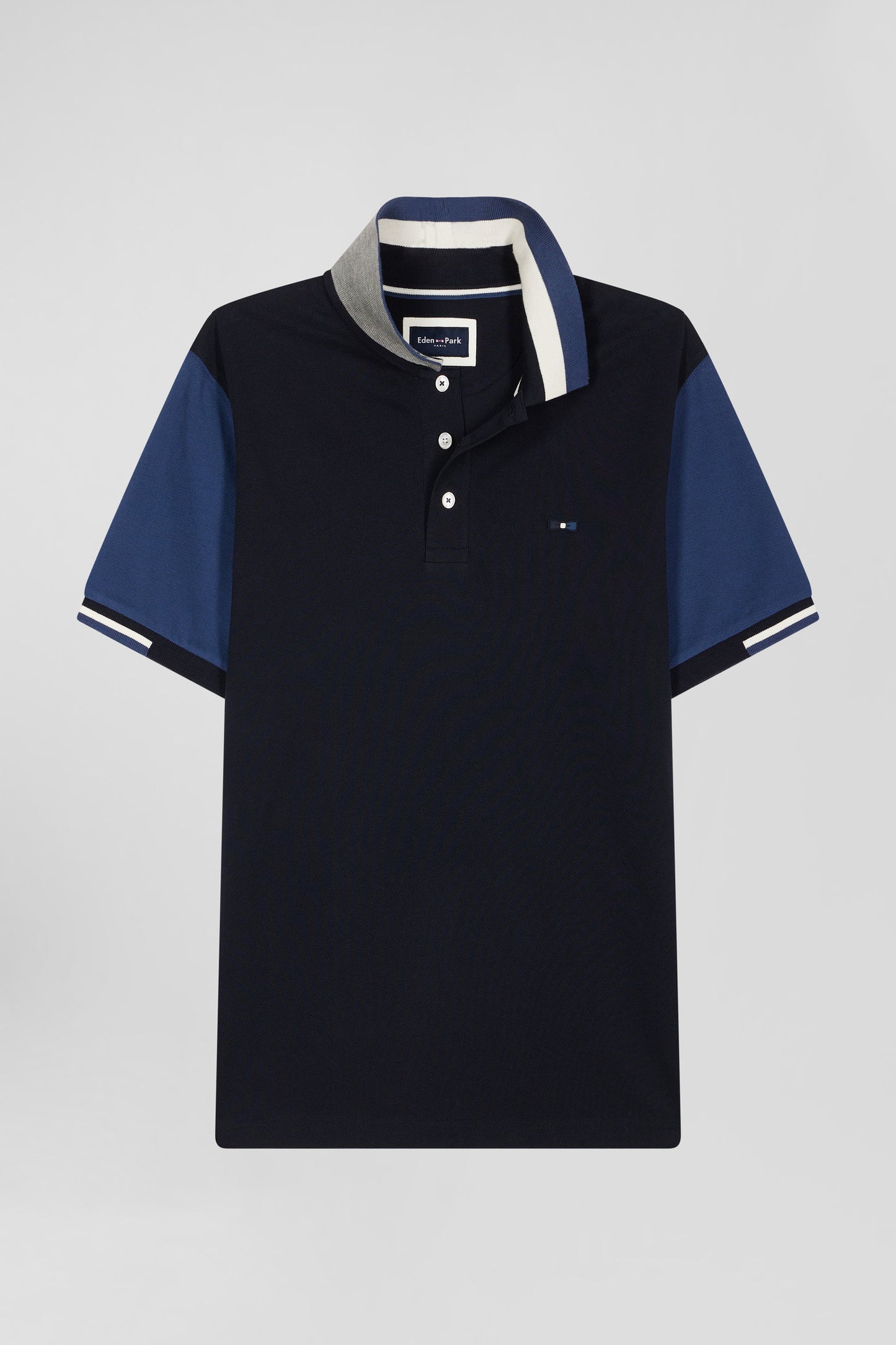 Polo manches courtes en piqué coton bleu marine col jacquard Eden Park coupe Regular