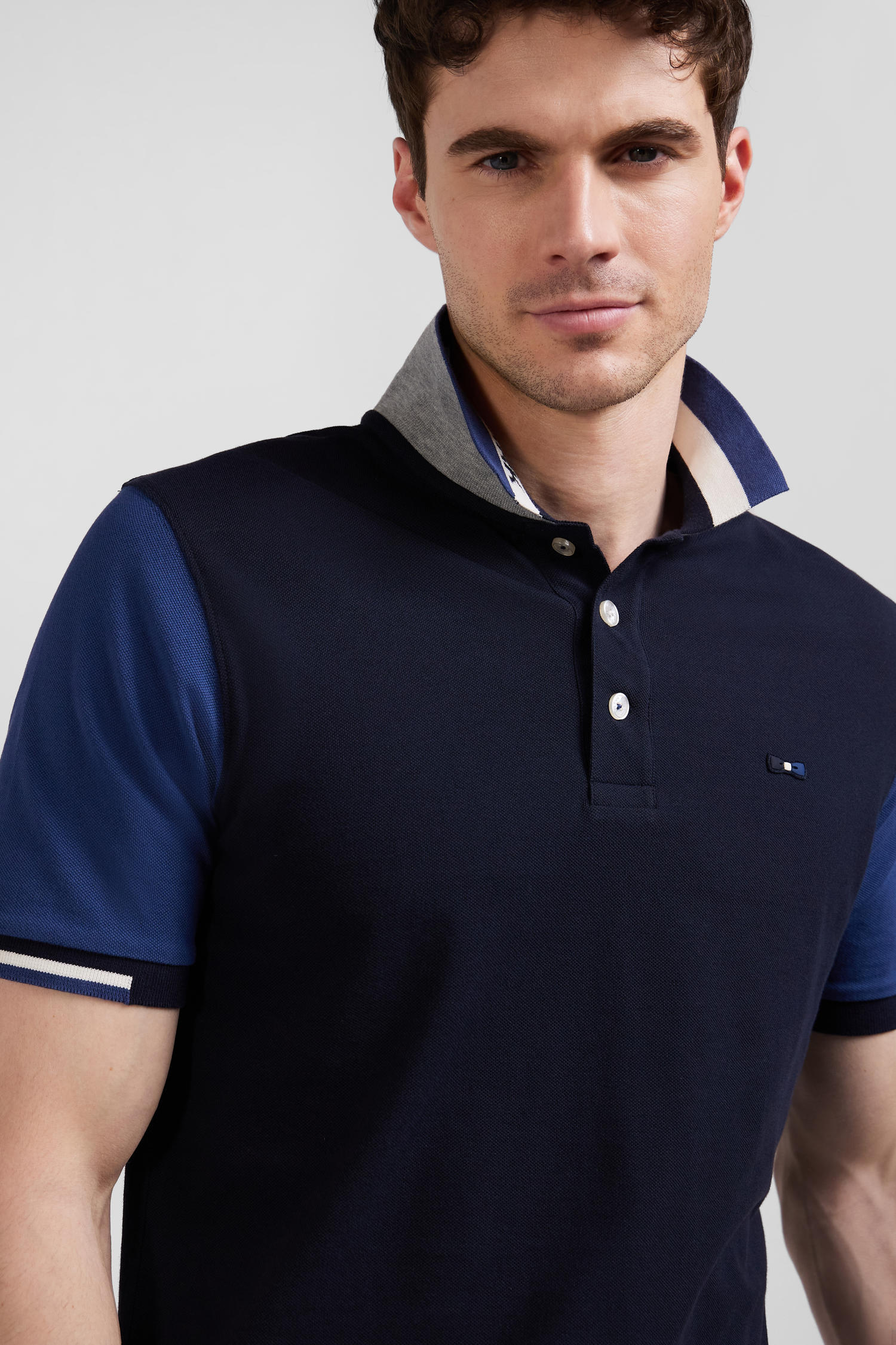 Polo manches courtes en piqué coton bleu marine col jacquard Eden Park coupe Regular