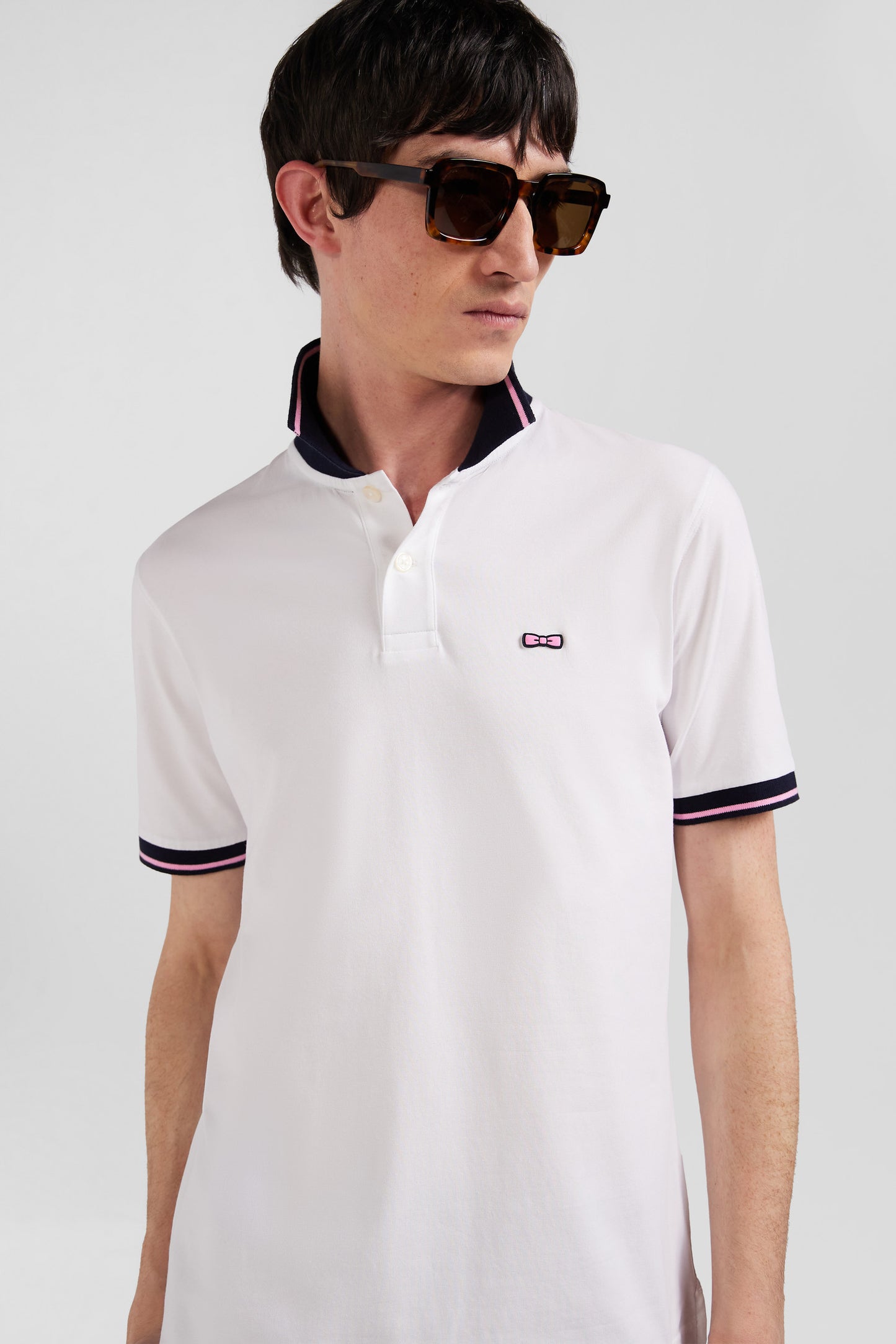 Polo manches courtes en coton stretch blanc col jacquard Eden Park coupe Slim