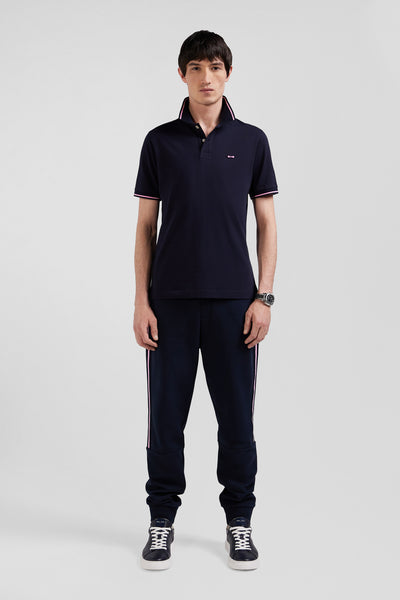 Slim navy blue short-sleeved stretch cotton polo shirt with Eden Park jacquard collar