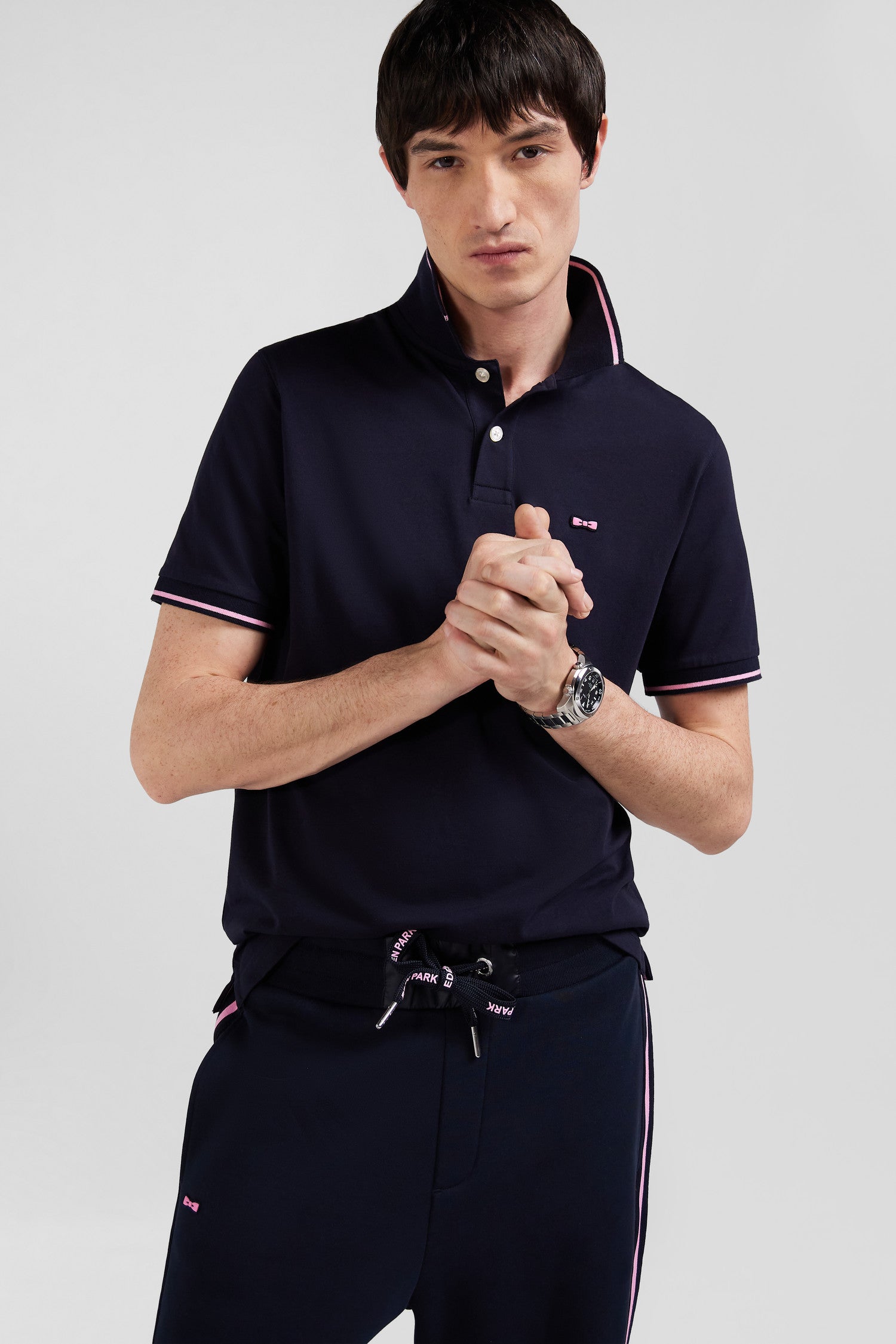 Polo manches courtes en coton stretch bleu marine col jacquard Eden Park coupe Slim