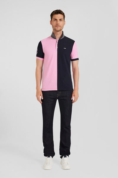 Regular navy blue and pink bicolor short-sleeved cotton piqué polo shirt