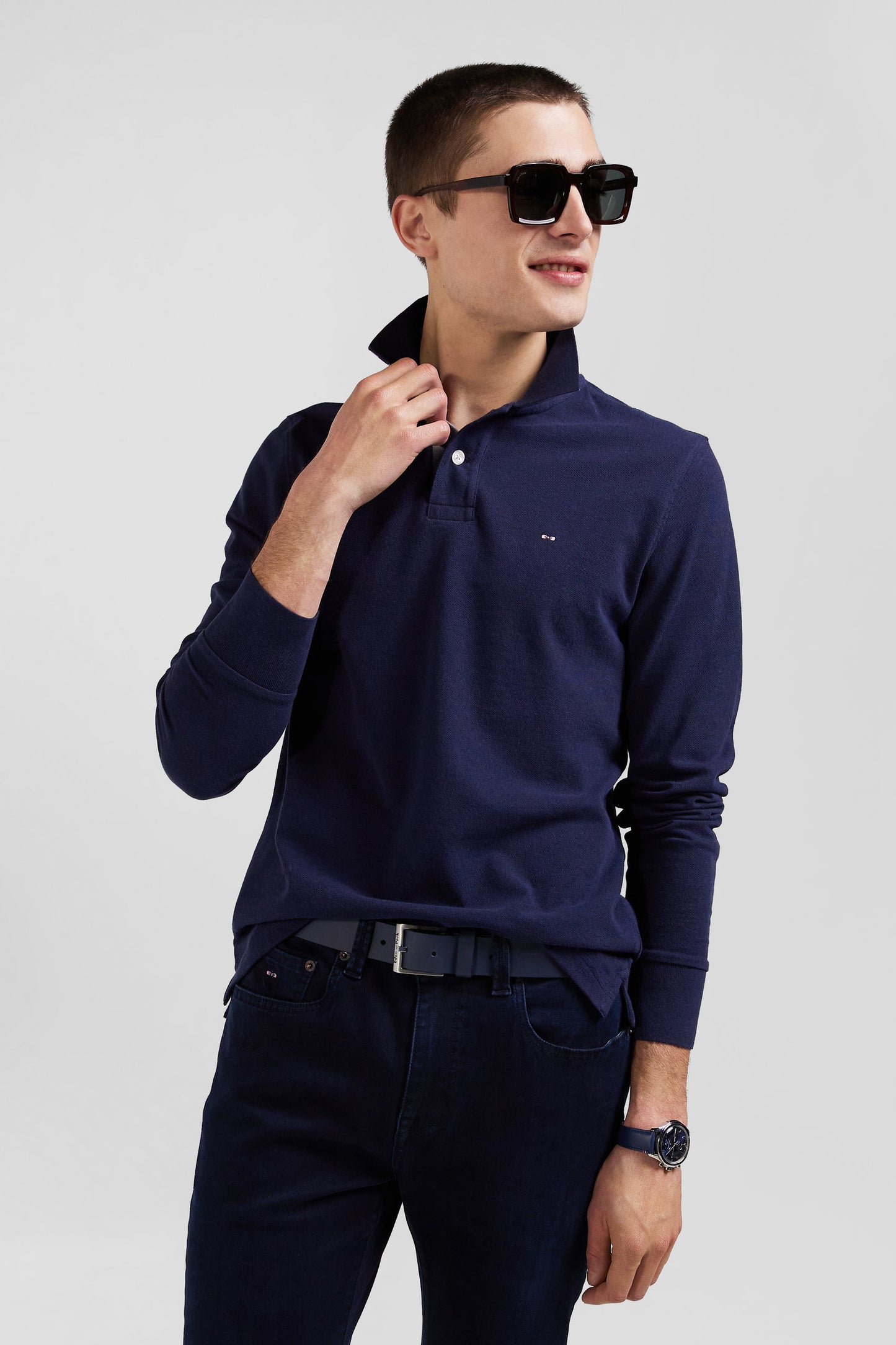 Polo manches longues en piqué coton bleu marine