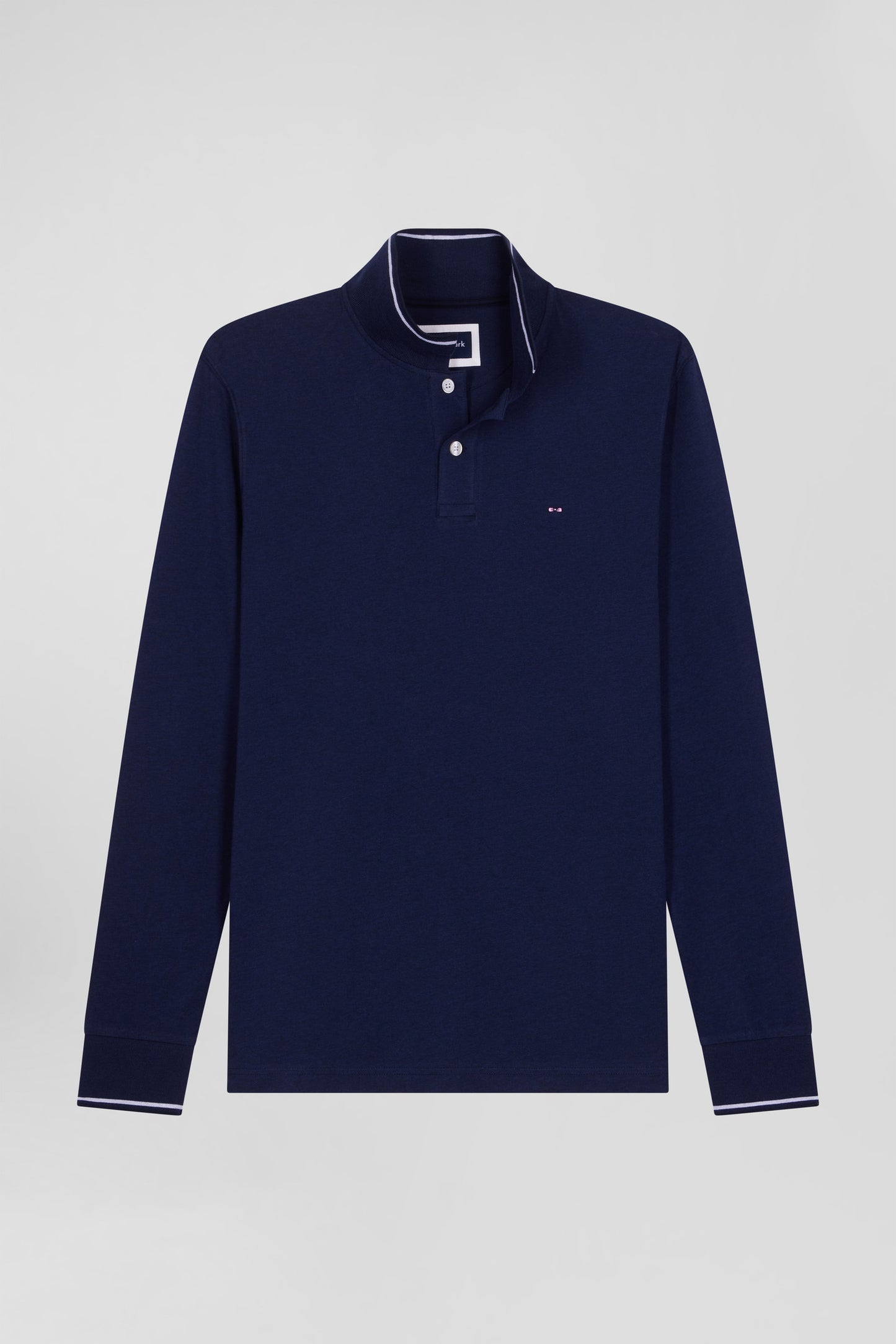 Polo manches longues bleu marine en coton stretch finitions rayées