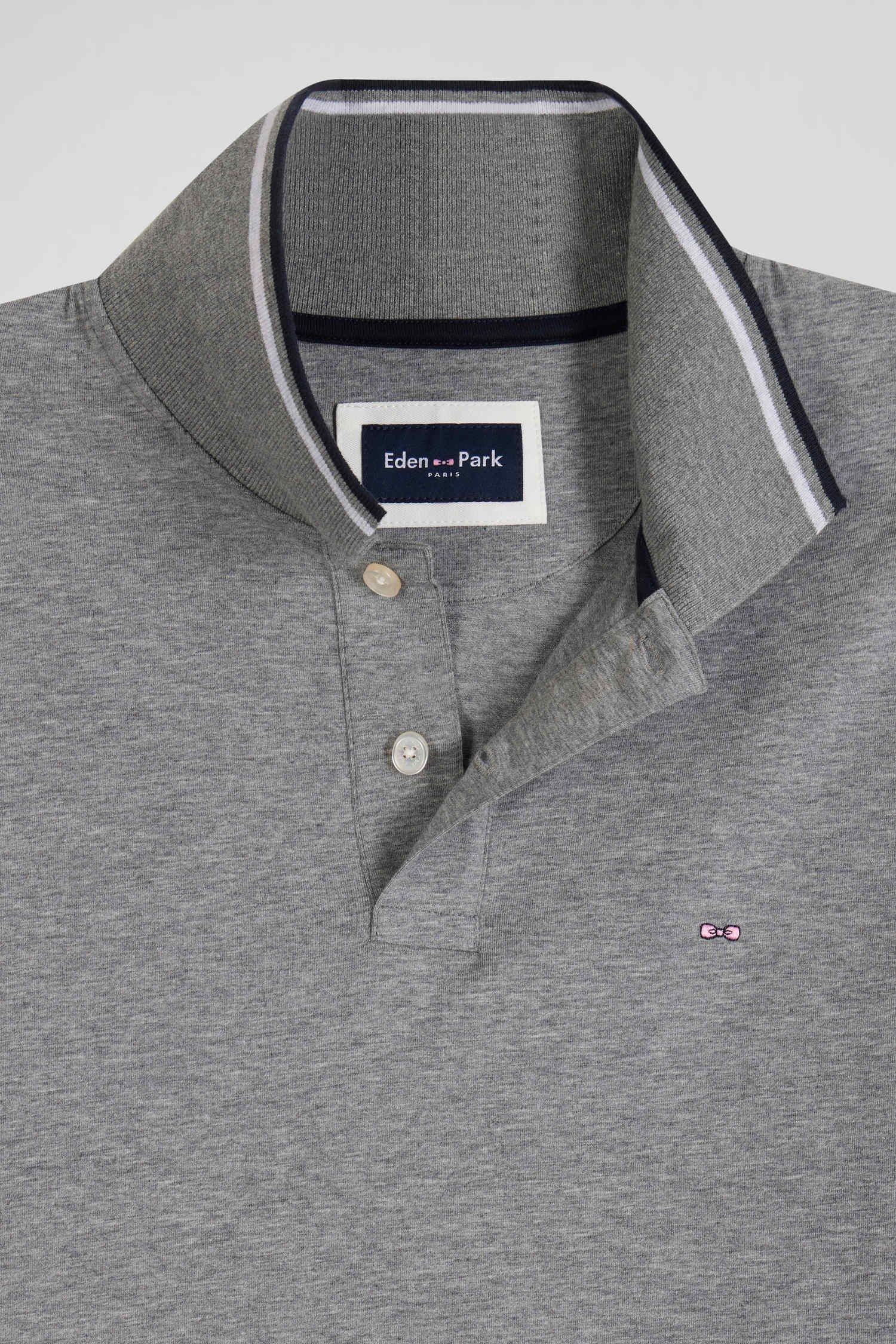 Polo manches longues gris en coton stretch finitions rayées