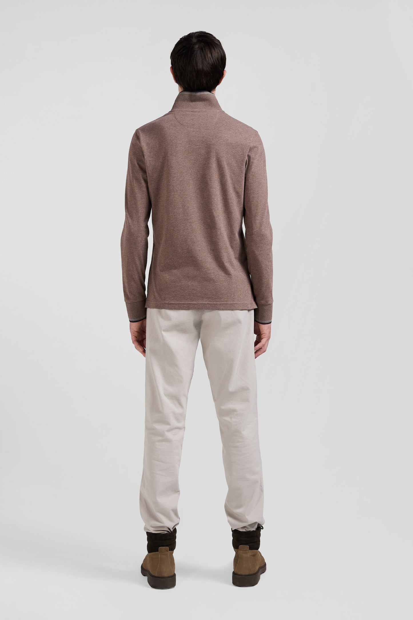 Polo manches longues marron en coton stretch finitions rayées