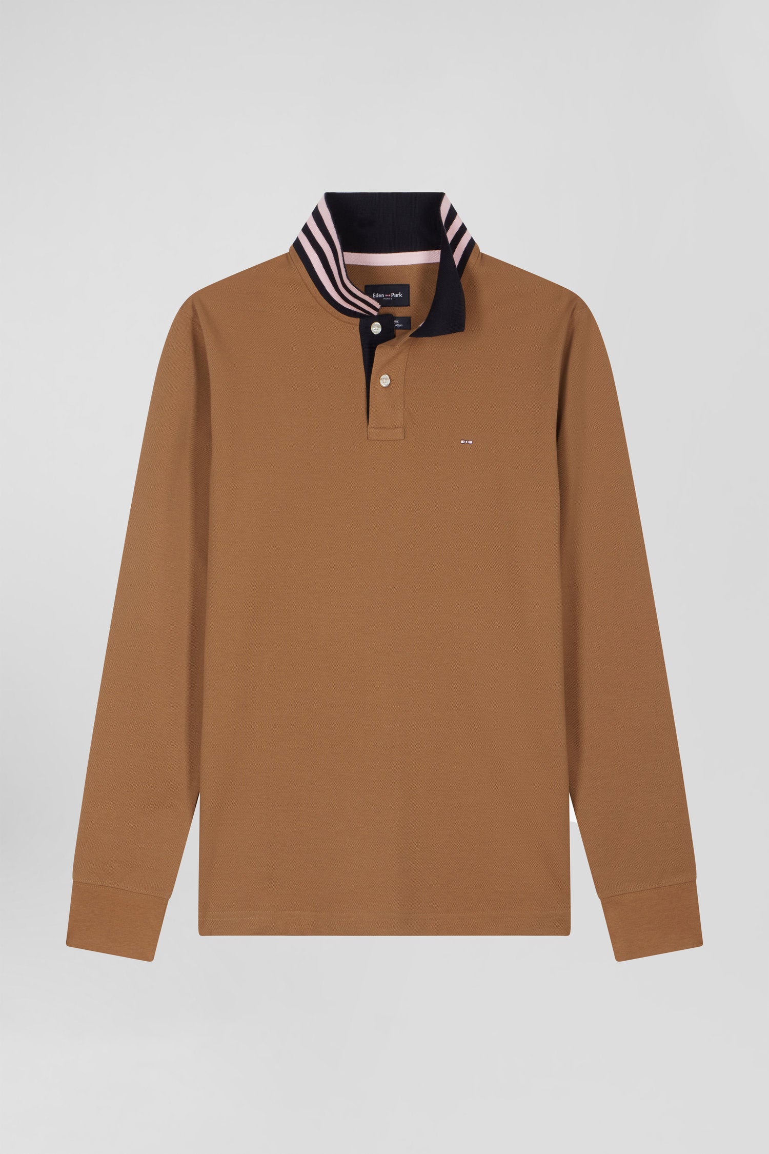 Regular camel long-sleeved cotton piqué polo shirt with striped collar