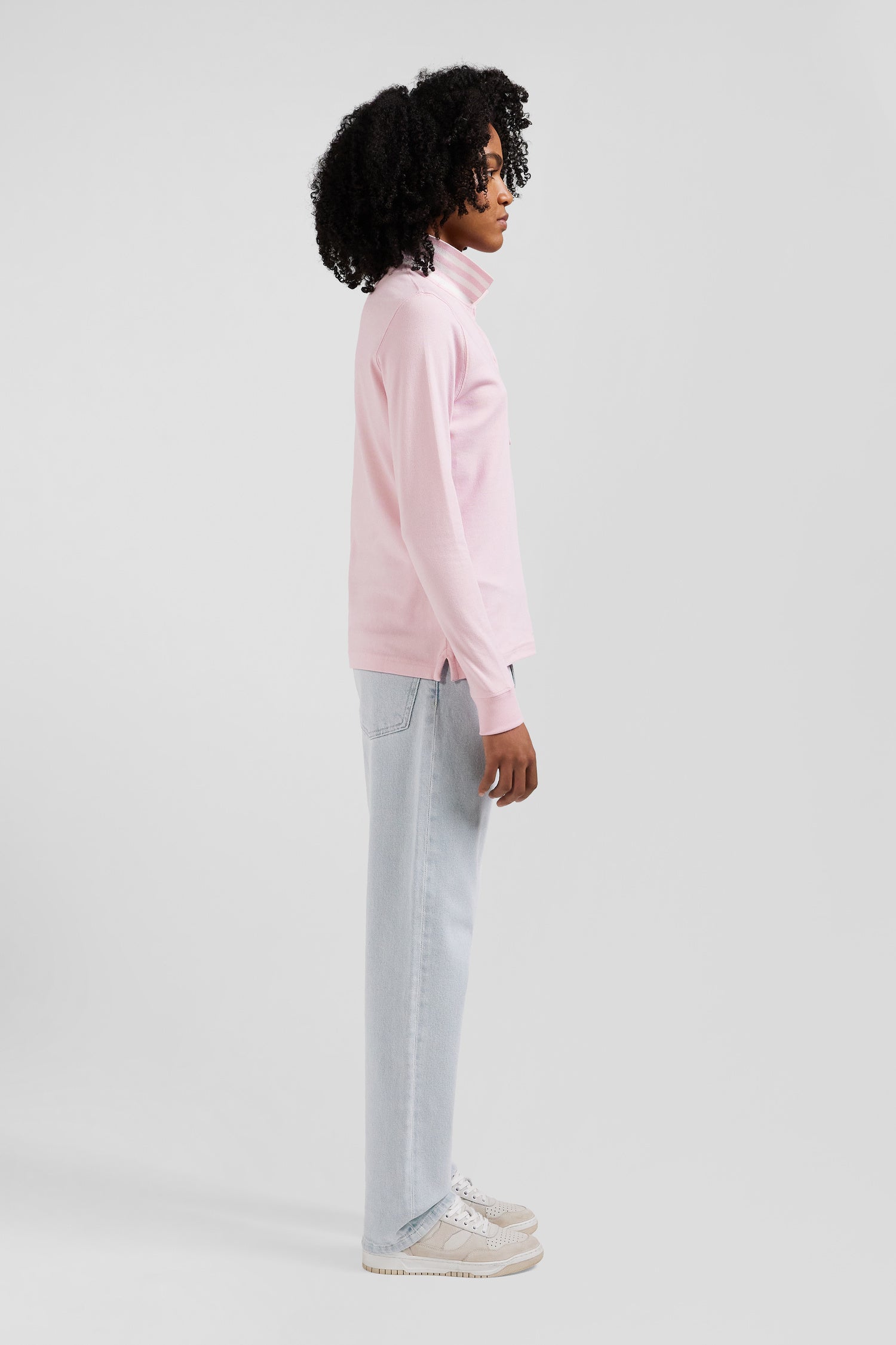 Polo manches longues en piqué coton stretch rose coupe Slim