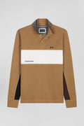 Polo manches longues colorblock en piqué coton camel coupe Regular