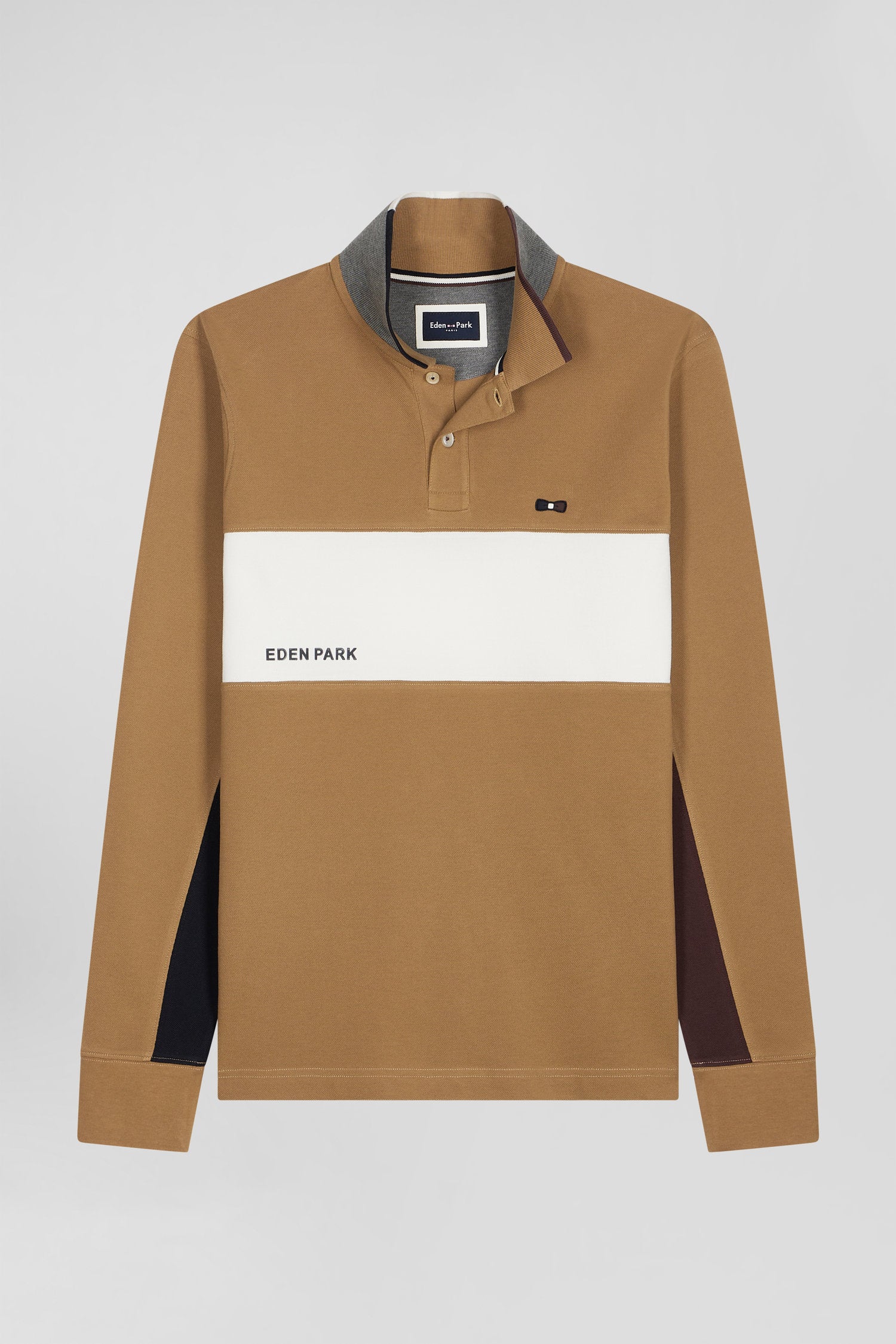 Polo manches longues colorblock en piqué coton camel coupe Regular