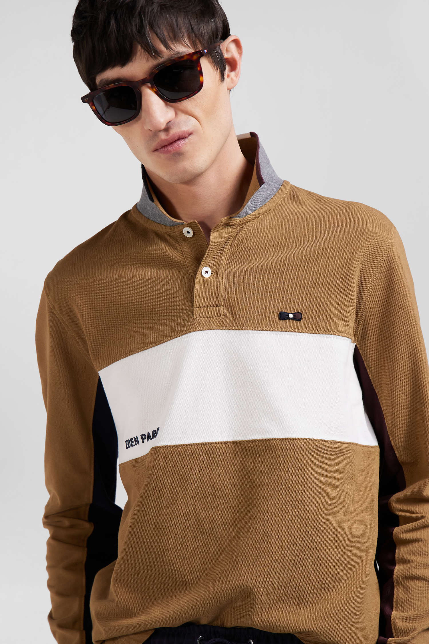 Polo manches longues colorblock en piqué coton camel coupe Regular