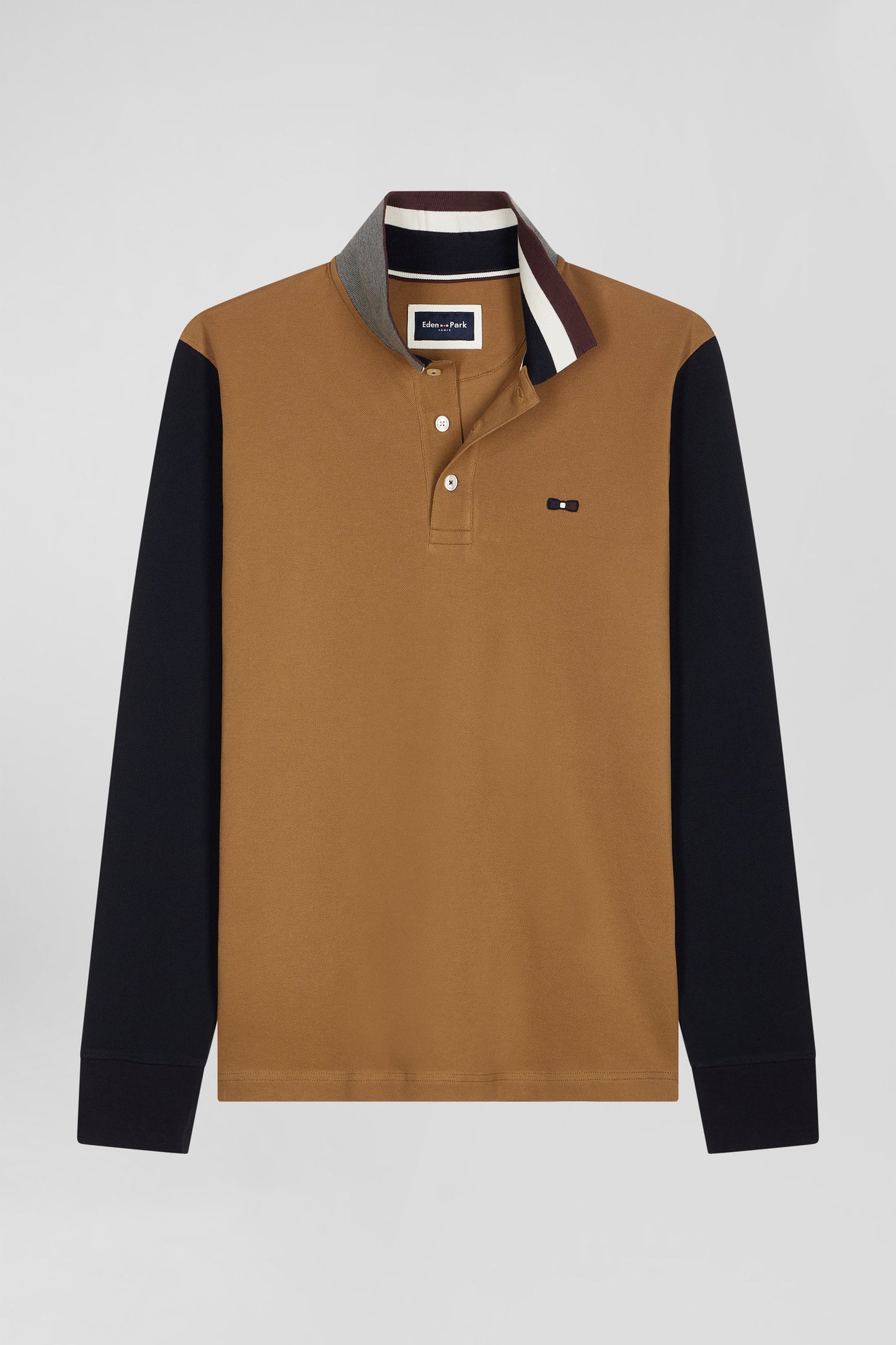 Polo manches longues en piqué coton bicolore camel col jacquard coupe Regular