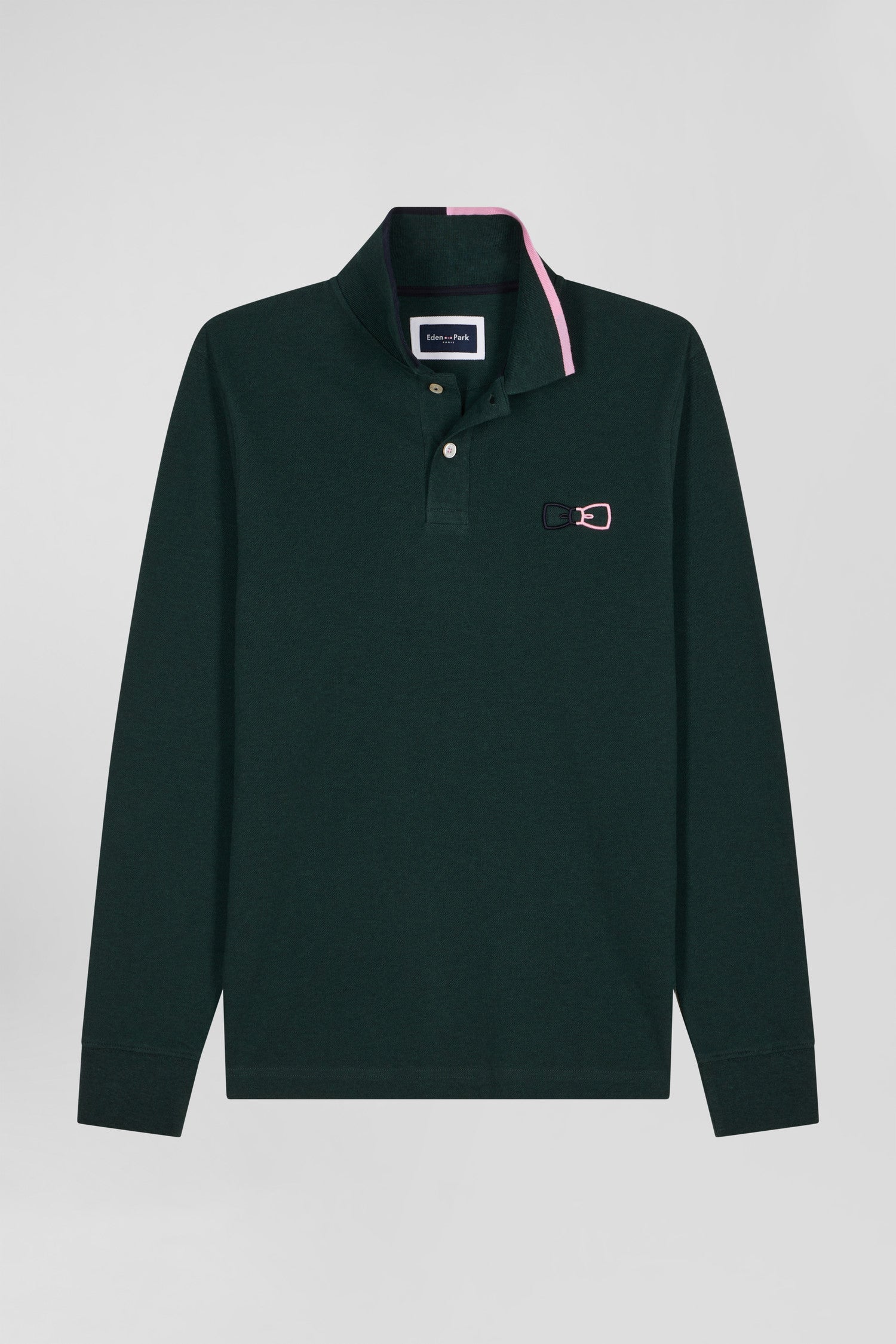 Polo manches longues en pique coton vert details roses coupe Regular