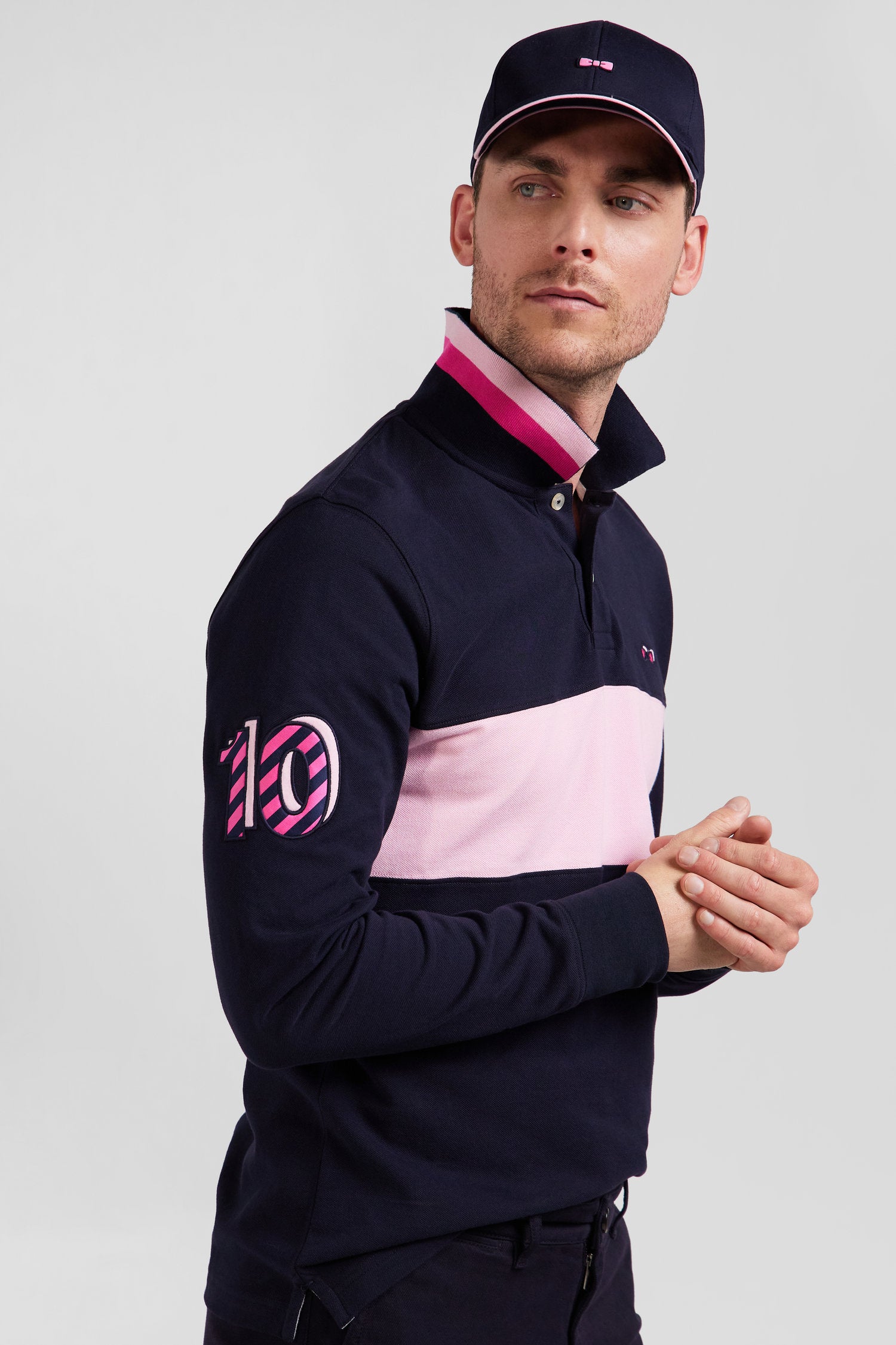 Polo manches longues en piqué coton rose broderie 10 manche coupe Regular