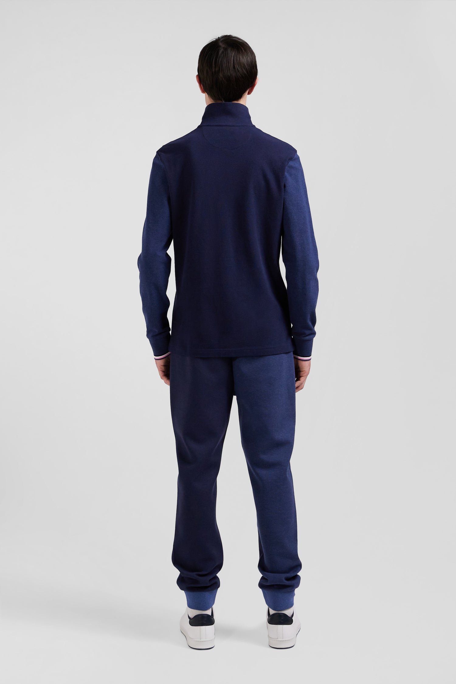 Regular navy long-sleeved cotton piqué polo shirt with jacquard collar and rubber badge