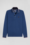 Polo manches longues en piqué coton bleu foncé détails tricolores coupe Regular