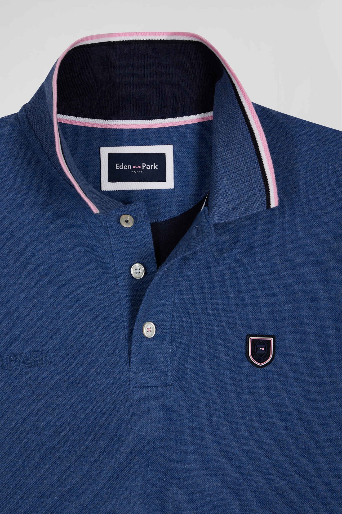 Polo manches longues en piqué coton bleu foncé détails tricolores coupe Regular