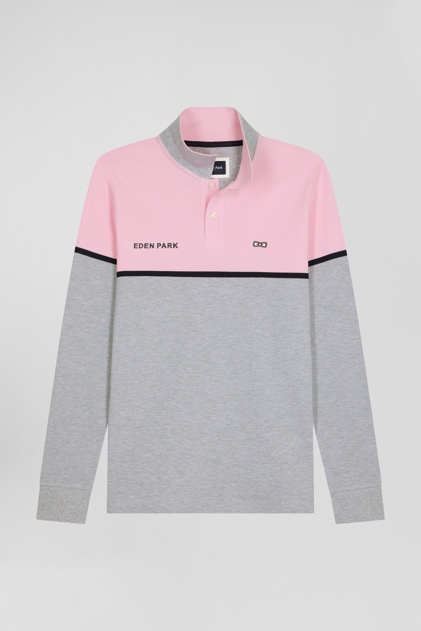 Polo manches longues bicolore en piqué coton rose coupe Regular