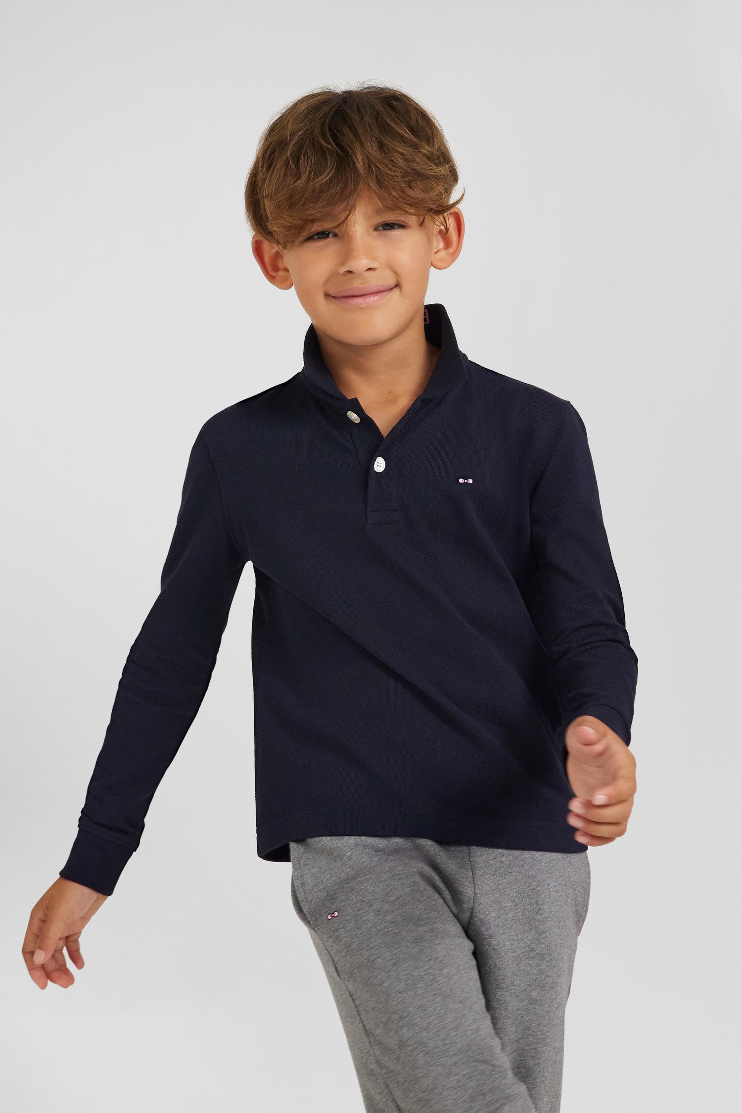 Regular navy blue long-sleeved cotton piqué polo shirt