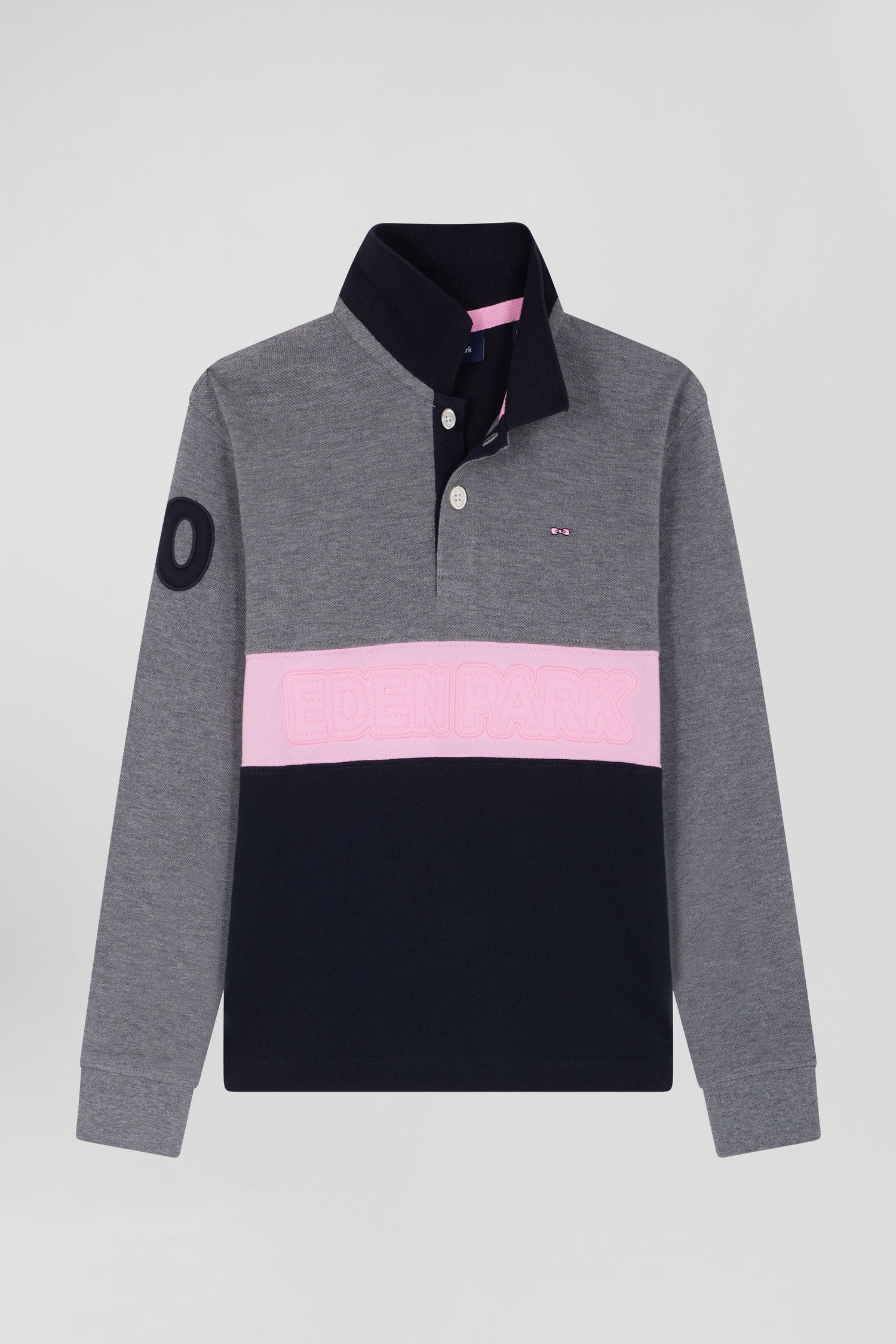 Polo manches longues en piqué coton gris bande rose et broderie 10 coupe Regular